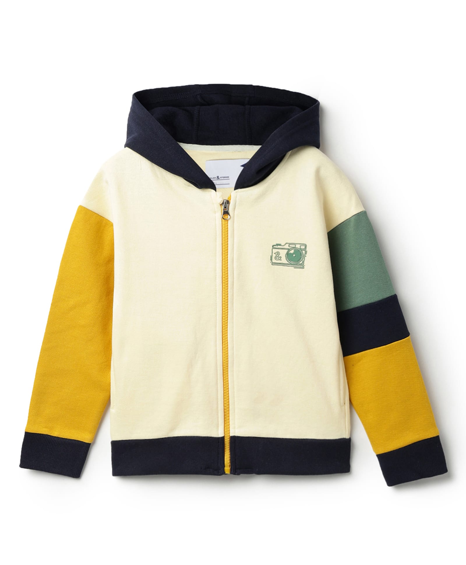 Tales & Stories Knit Full Sleeves Colour Blocked Camera Printed Light Winter Hooded Jacket - Off White-picture-37