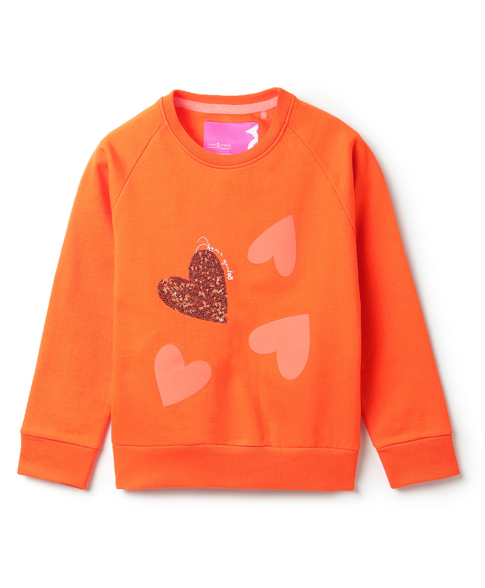 Tales & Stories Cotton Knit Full Sleeves Heart Printed Sequins Embellished Light Winter Sweatshirt - Orange-picture-12