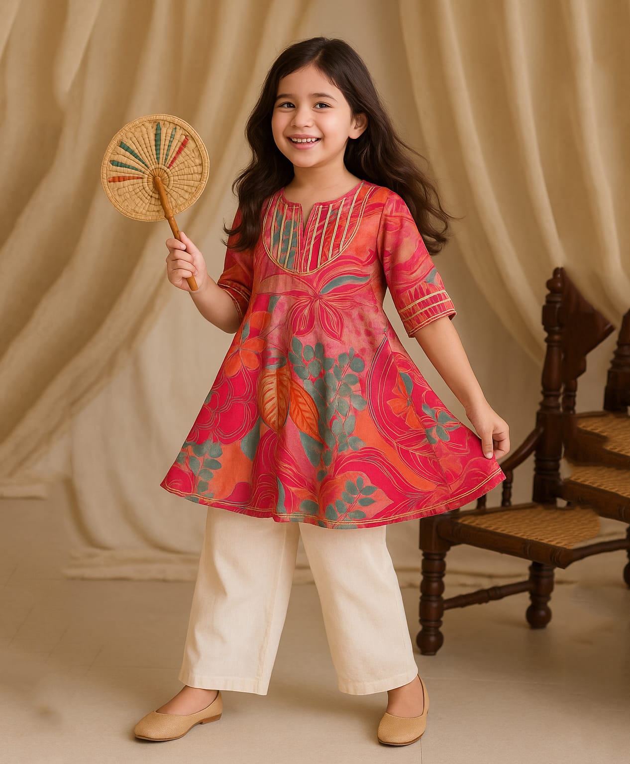 Tales & Stories Viscose Woven Half Sleeves Floral Printed Kurta & Pyjama Set - Dark Pink-image-31