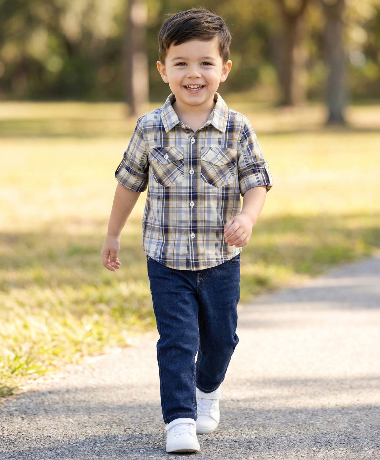 Babyhug Cotton Denim Full Sleeves Checkered Shirt & Jeans Set- Blue-image-2