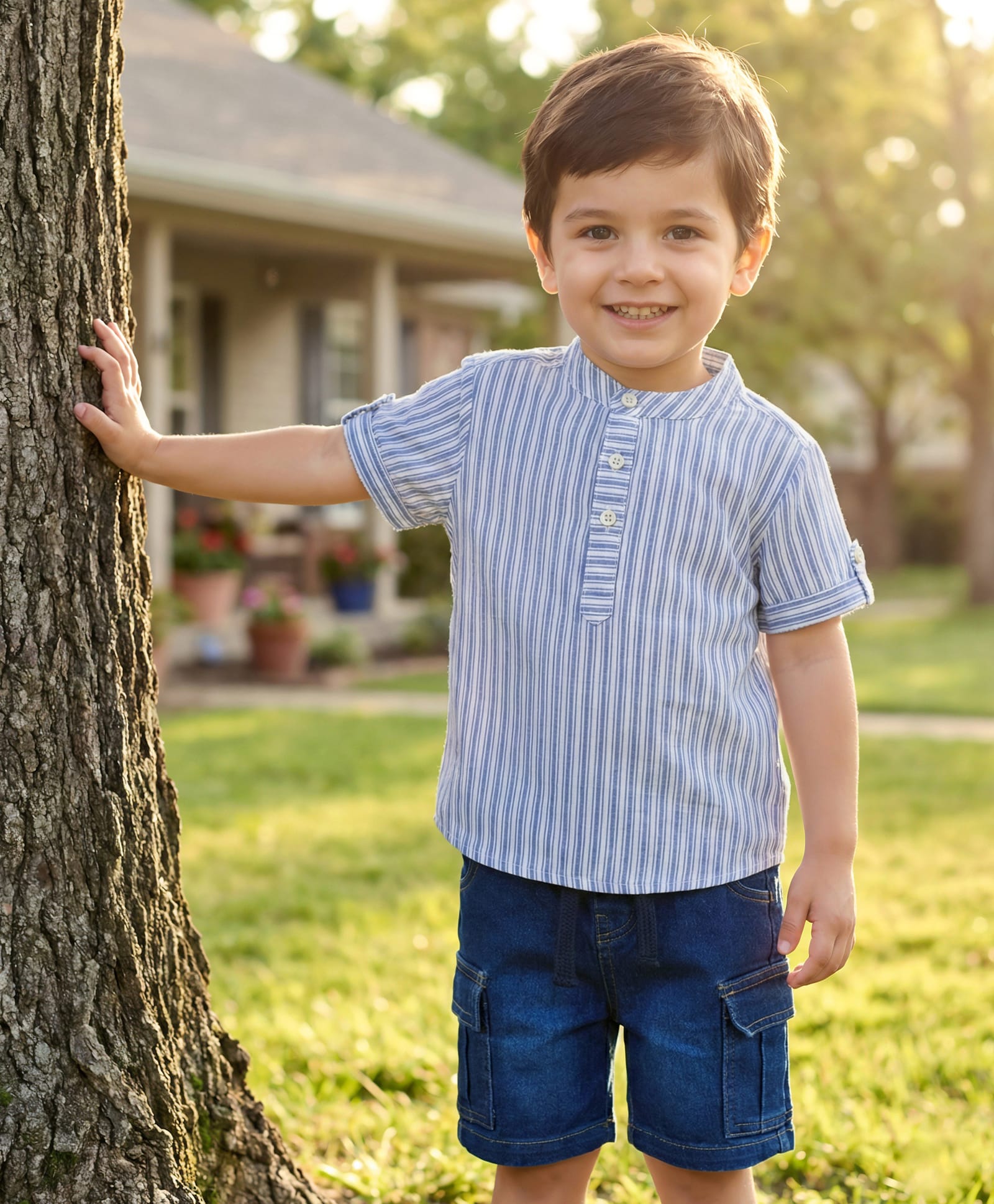 Babyhug Cotton Woven Half Sleeves Mandarin Collar Stripes Shirt & Shorts Set - Light Blue-picture-16