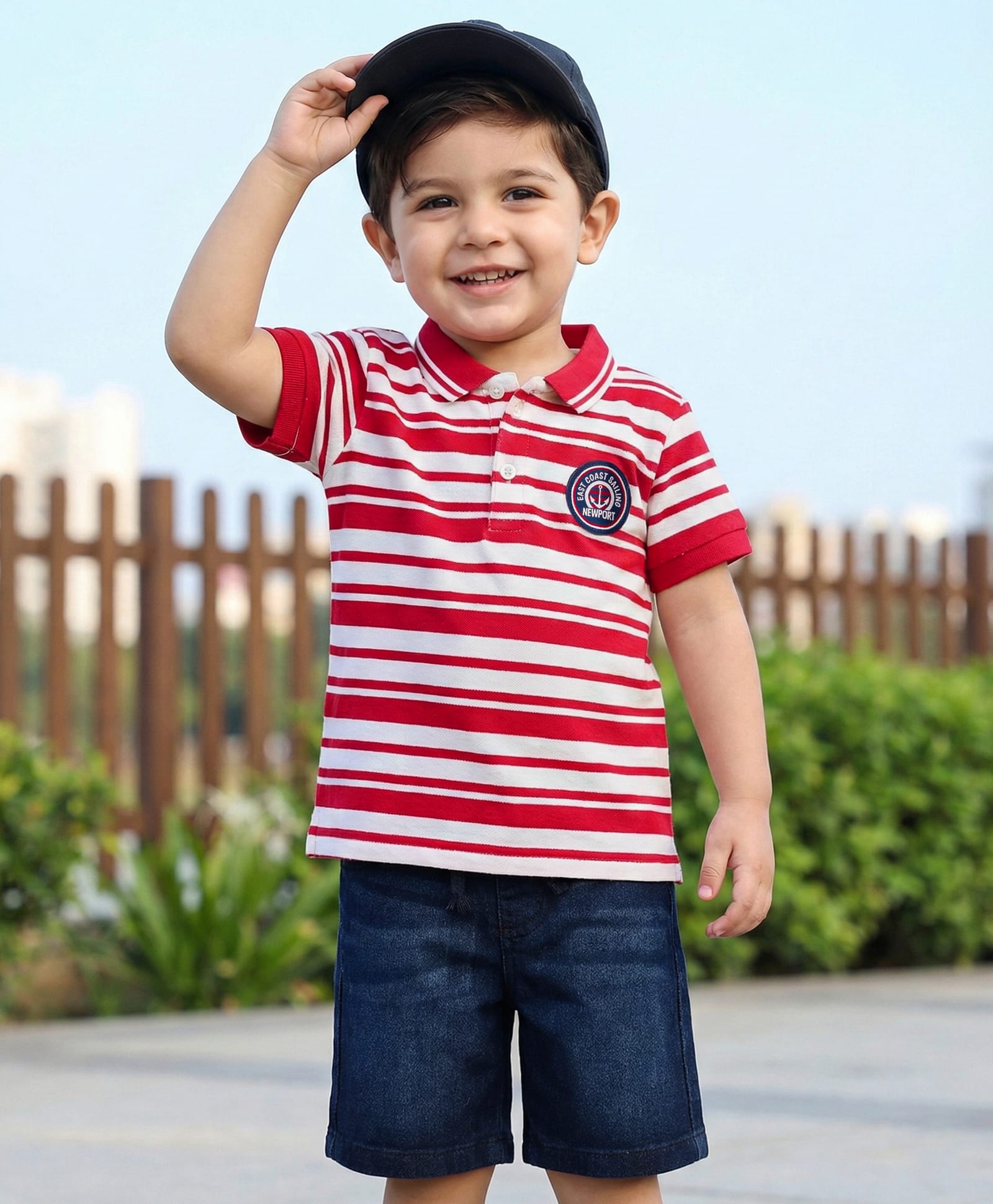 Babyhug Cotton Knit Half Sleeves Striped Polo T-Shirt & Shorts Set With Anchor Patch - Multicolor & Blue-picture-16