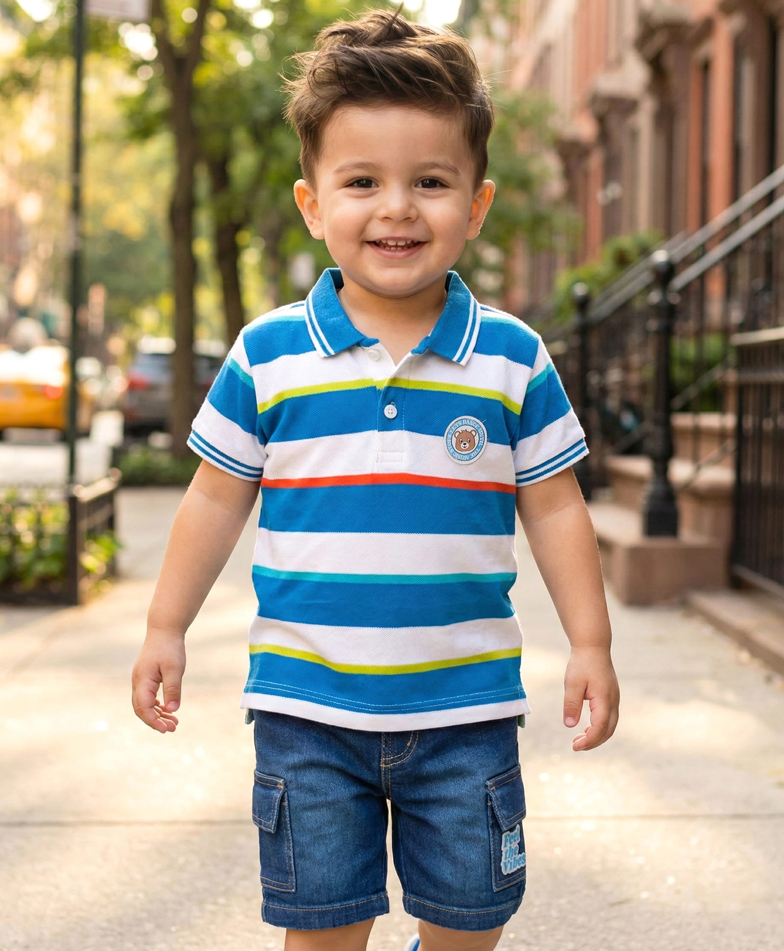 Babyhug Cotton Knit Half Sleeves Striped Polo T-Shirt & Shorts Set With Teddy Bear Patch - Multicolor & Blue-picture-17