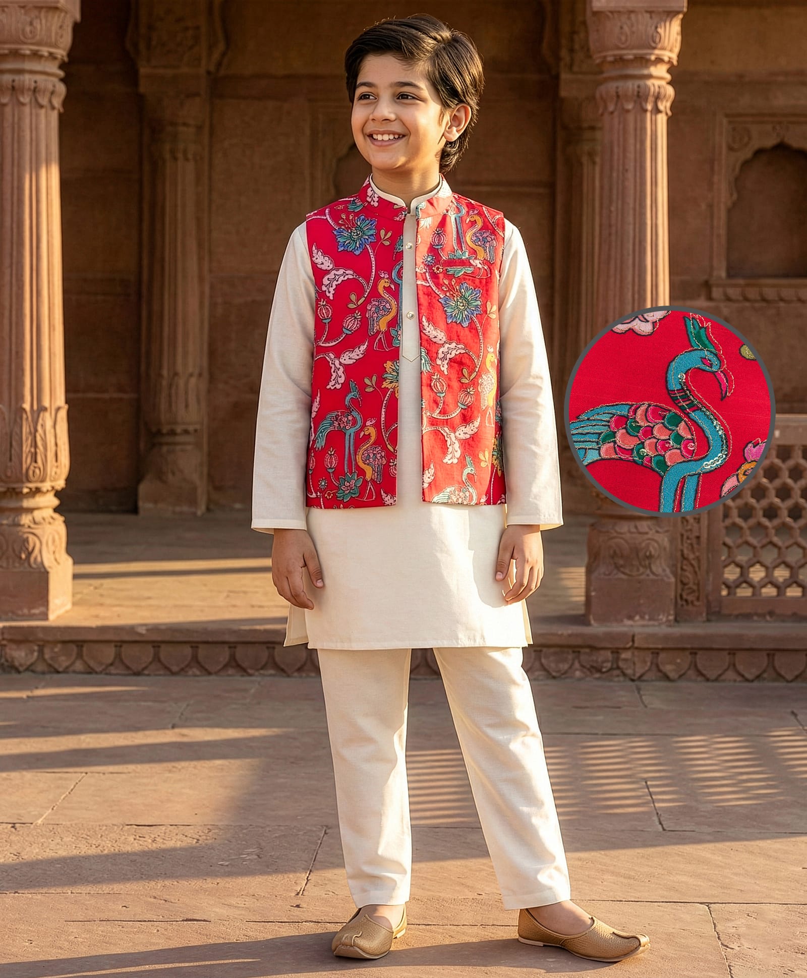 Pine Kids Woven Full Sleeves Kurta Pajama Set with Jacket & Floral Print - White