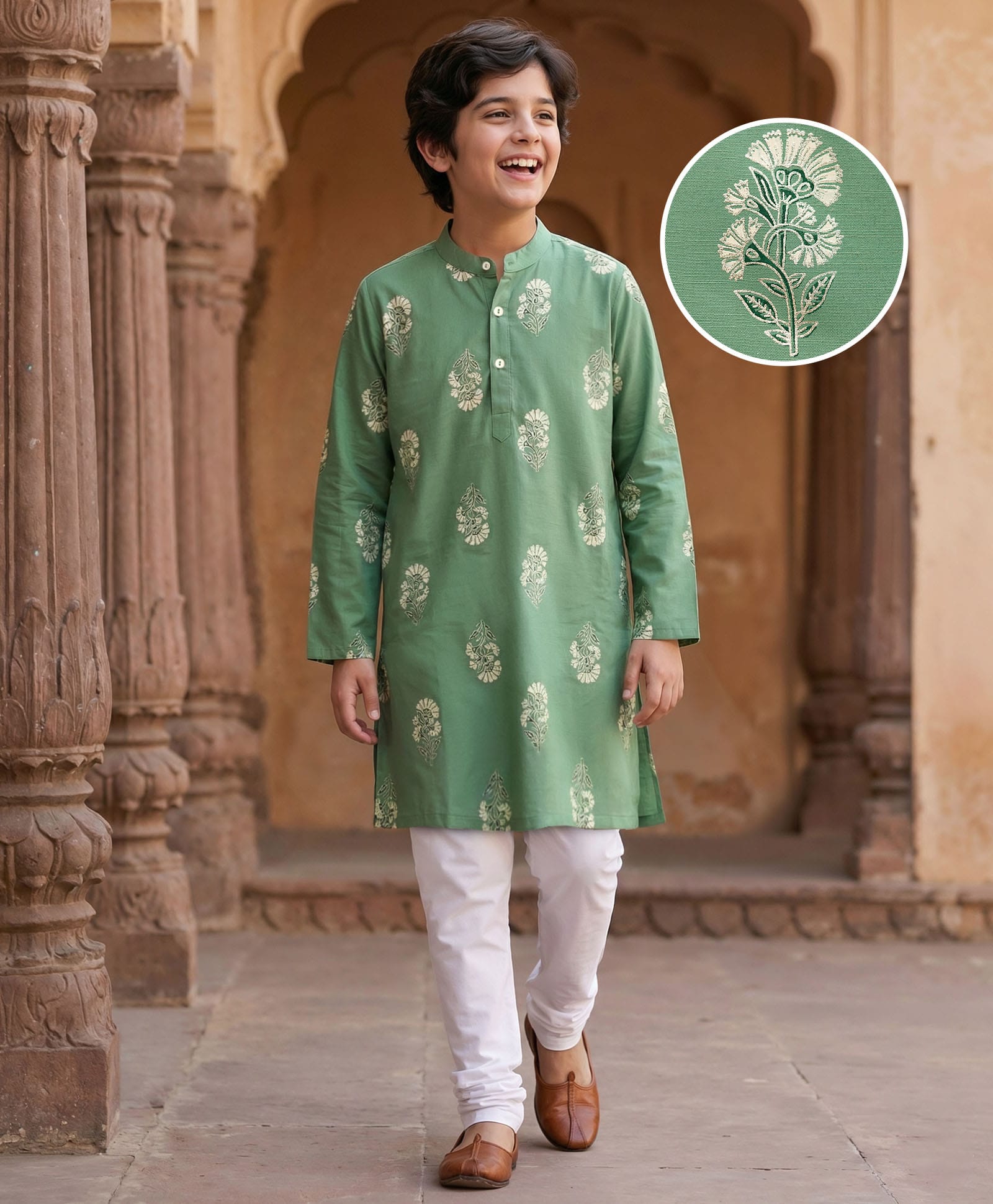 Pine Kids Woven Full Sleeves Kurta Pyjama Set With Foil Floral Print - Olive Green & White-picture-4