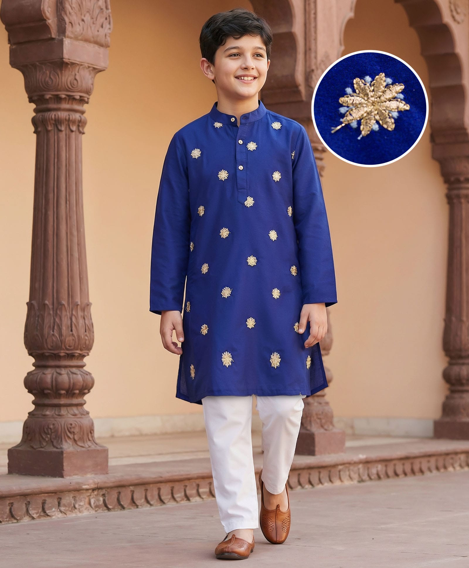 Pine Kids Woven Full Sleeves Kurta & Pajama Set With Floral Embroidery - Royal Blue-image-44