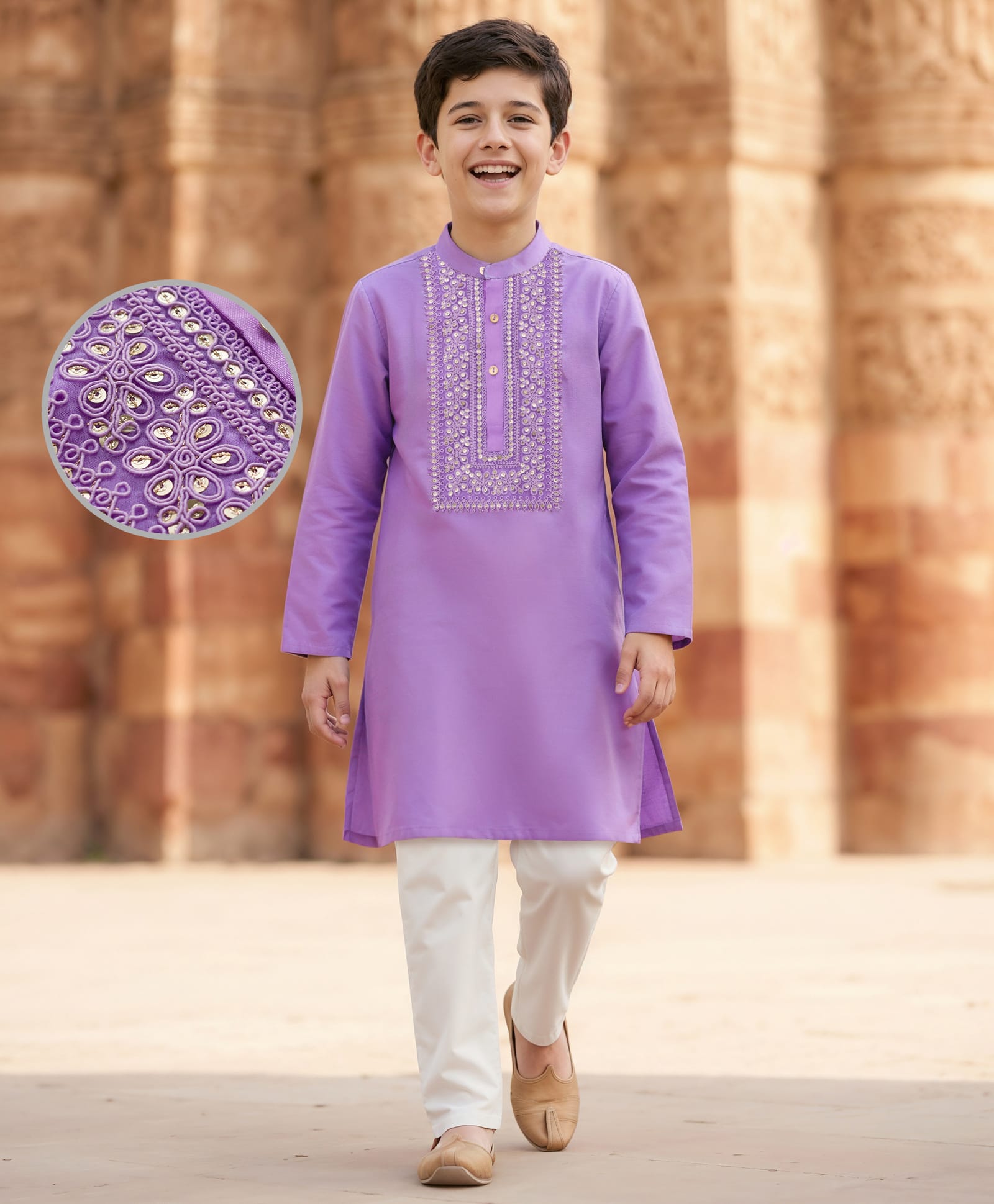Pine Kids Woven Full Sleeves Kurta Pyjama Set With Floral Embroidery & Sequin Detailing - Purple & White-image-48