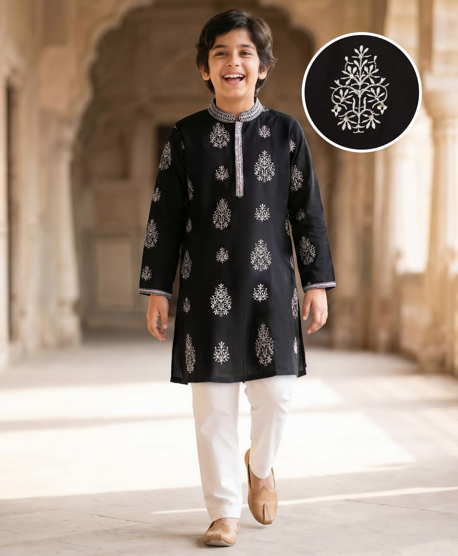 Pine Kids Woven Full Sleeves Kurta Pajama Set with Embroidery - Black-image-46