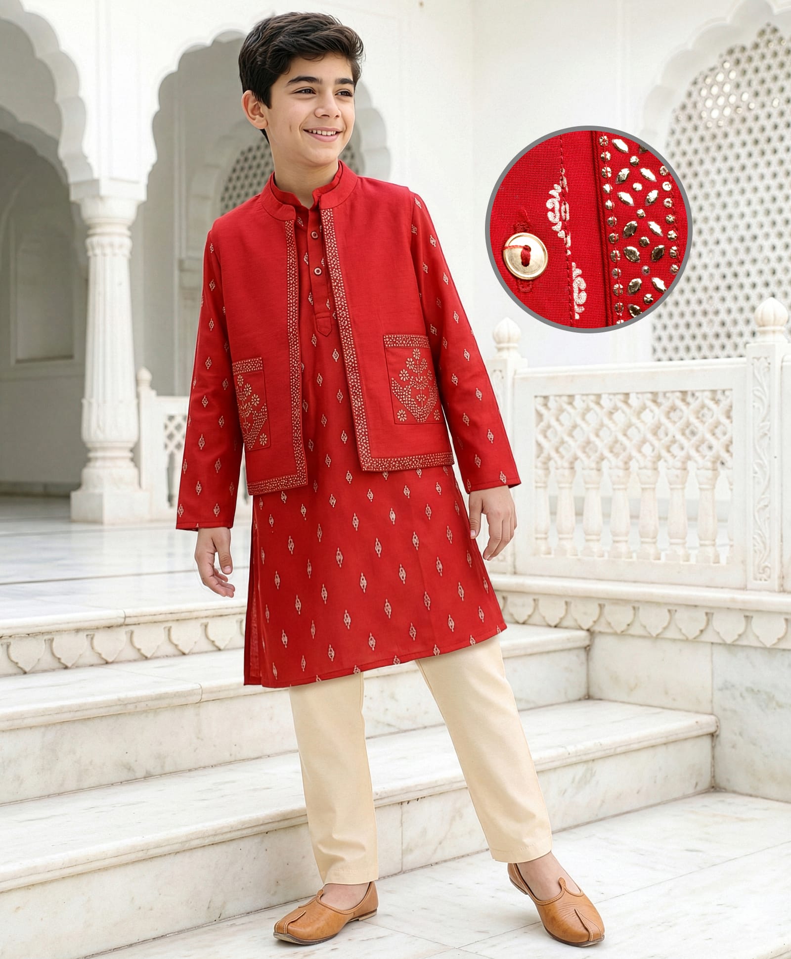 Pine Kids Woven Full Sleeves Kurta Pajama Set with Jacket & Rhinestone Detailing - Red-image-23