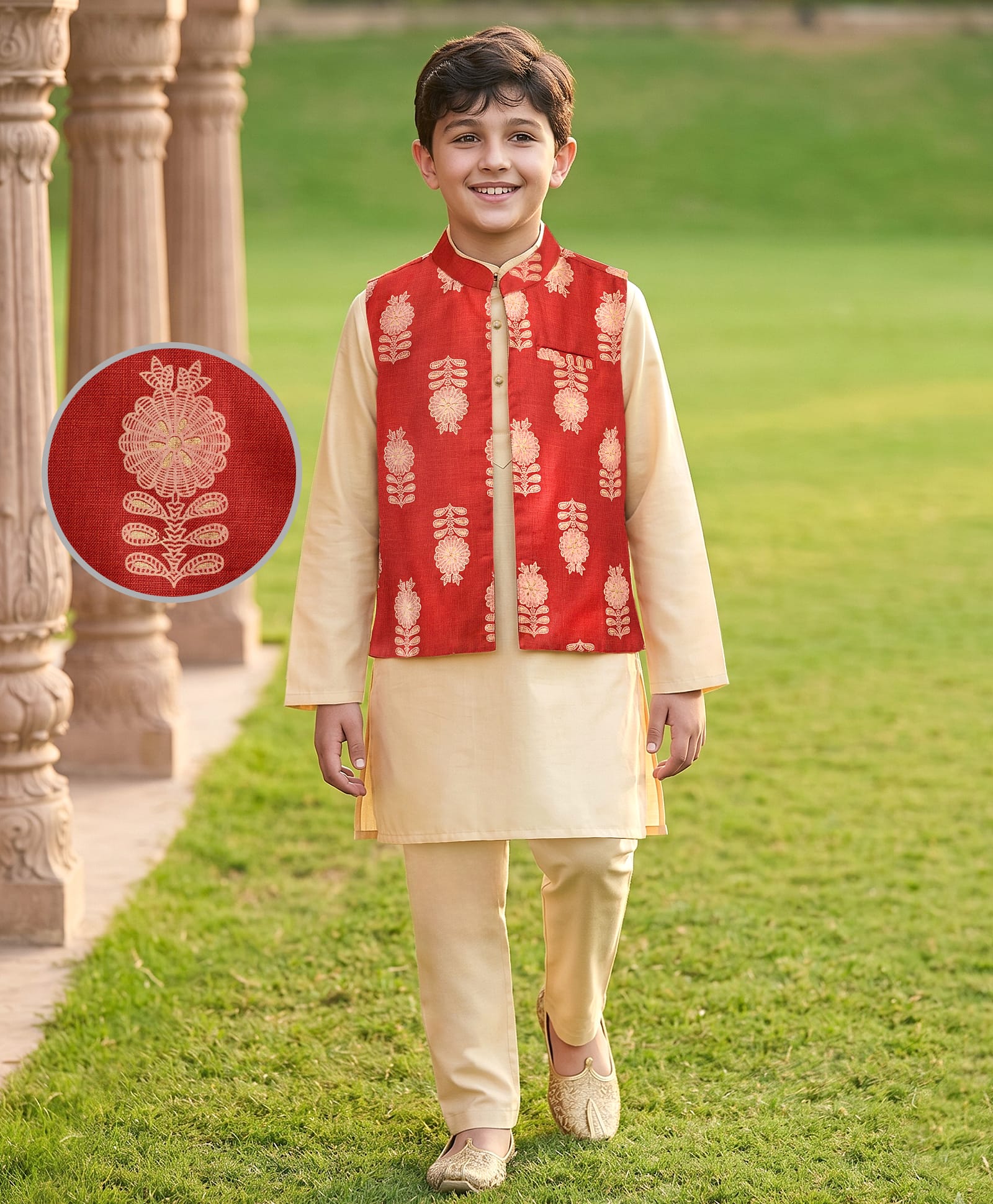 Pine Kids Woven Full Sleeves Kurta Pajama Set with Jacket & Floral Glitter Print - Beige-image-38