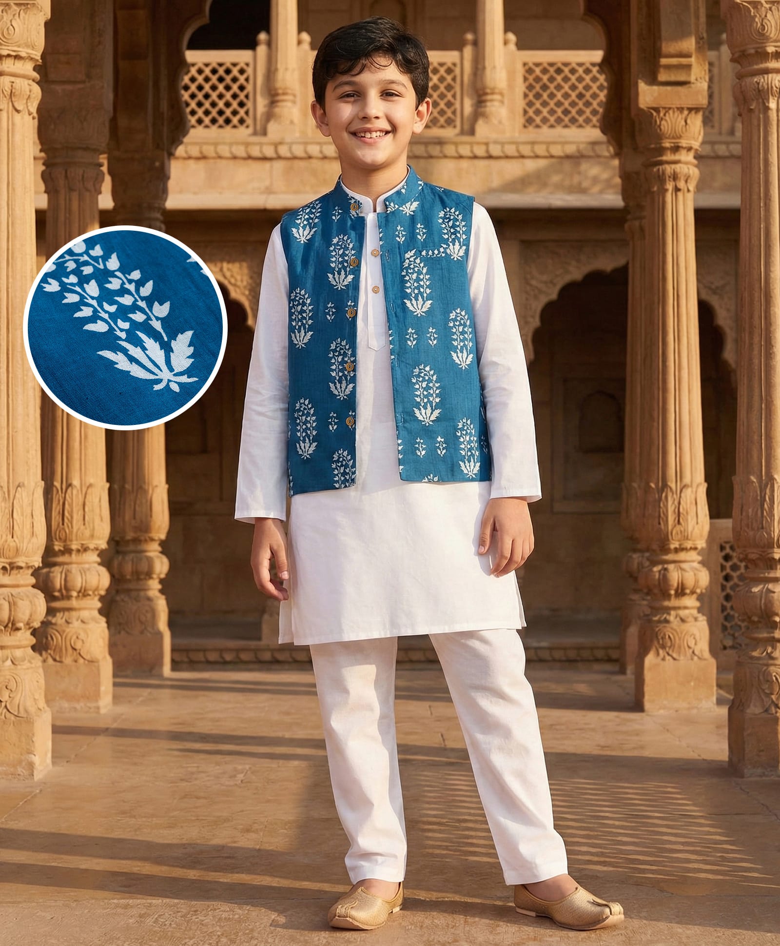 Pine Kids 100% Cotton Woven Full Sleeves Kurta Pyjama Set With Floral Printed Jacket - White & Navy Blue