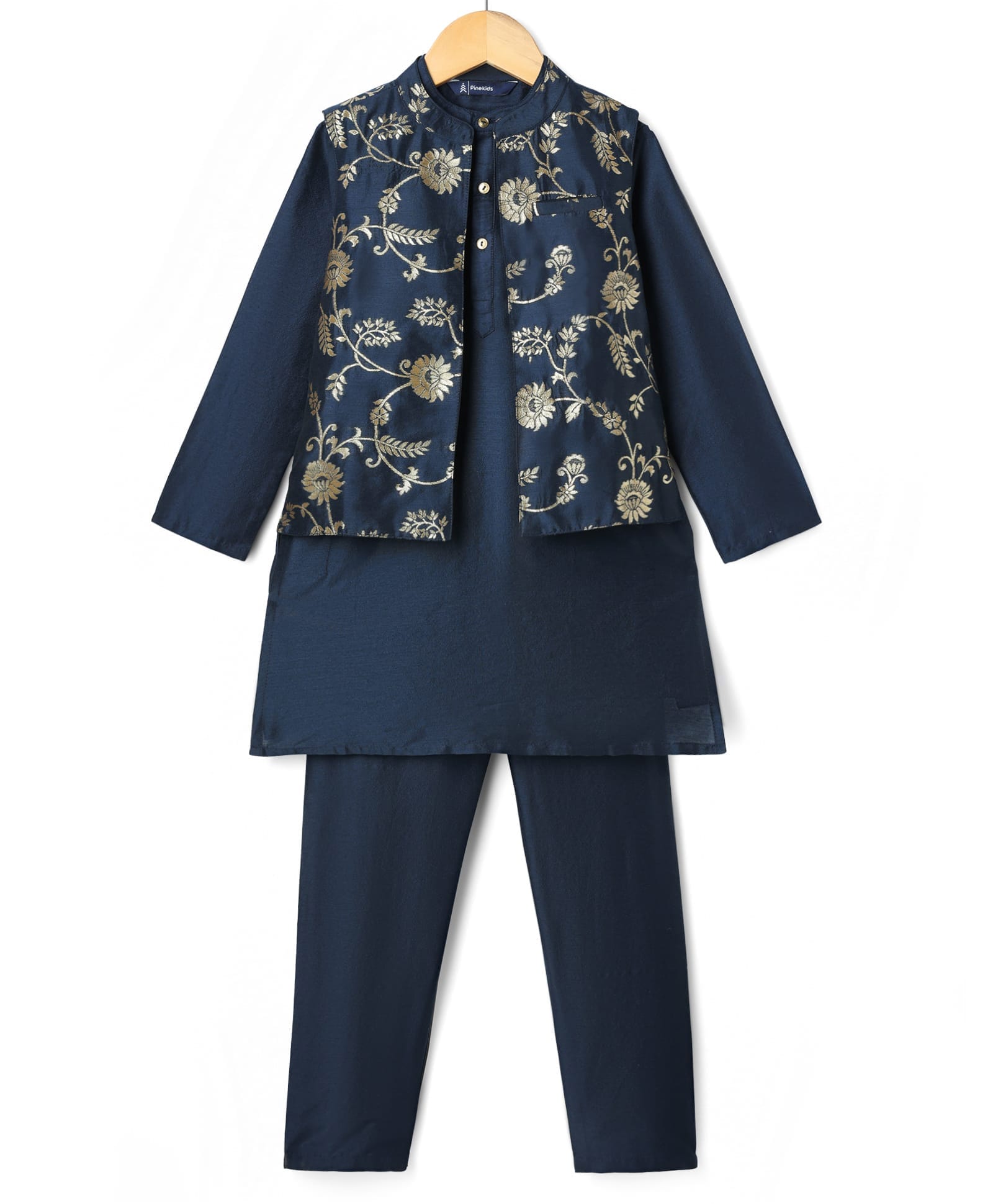 Pine Kids Woven Full Sleeves Kurta Pyjama Set With Foil Floral Printed Nehru Jacket - Navy Blue