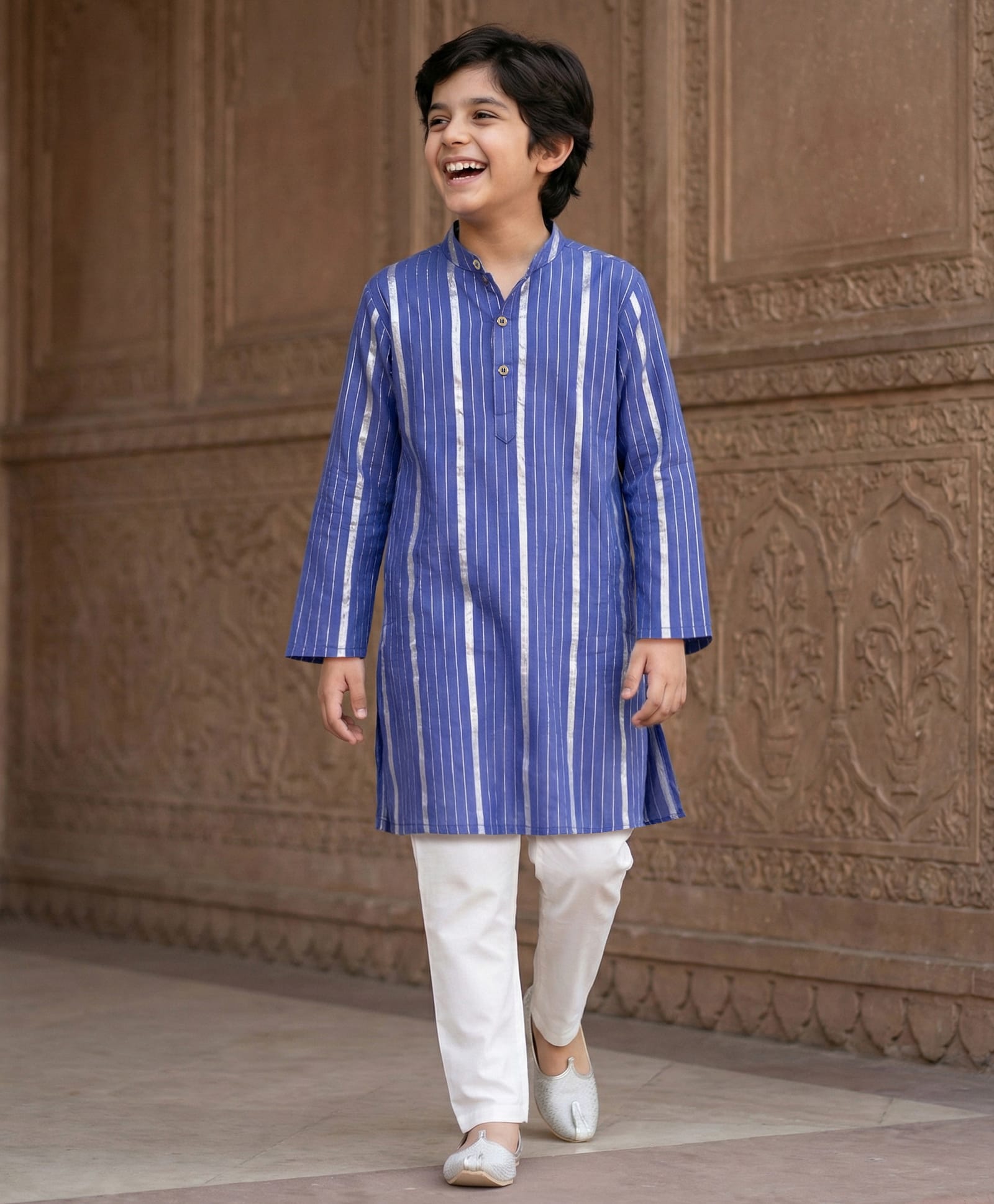 Pine Kids 100% Cotton Woven Full Sleeves Striped Kurta & Pyjama Set - Blue-picture-26
