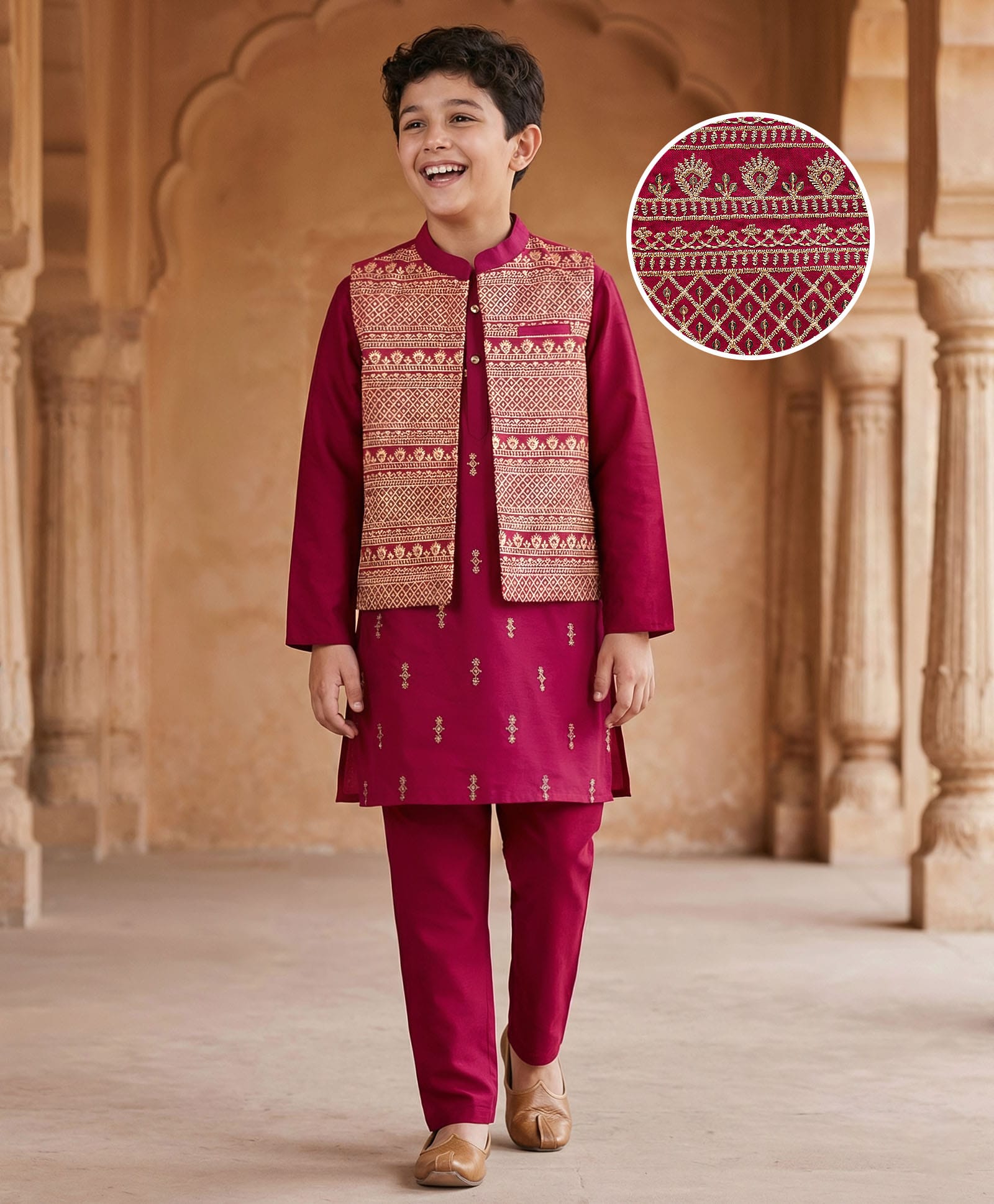Pine Kids Woven Full Sleeves Printed Kurta Pyjama Set With Sequin Embroidered Nehru Jacket - Maroon-image-11