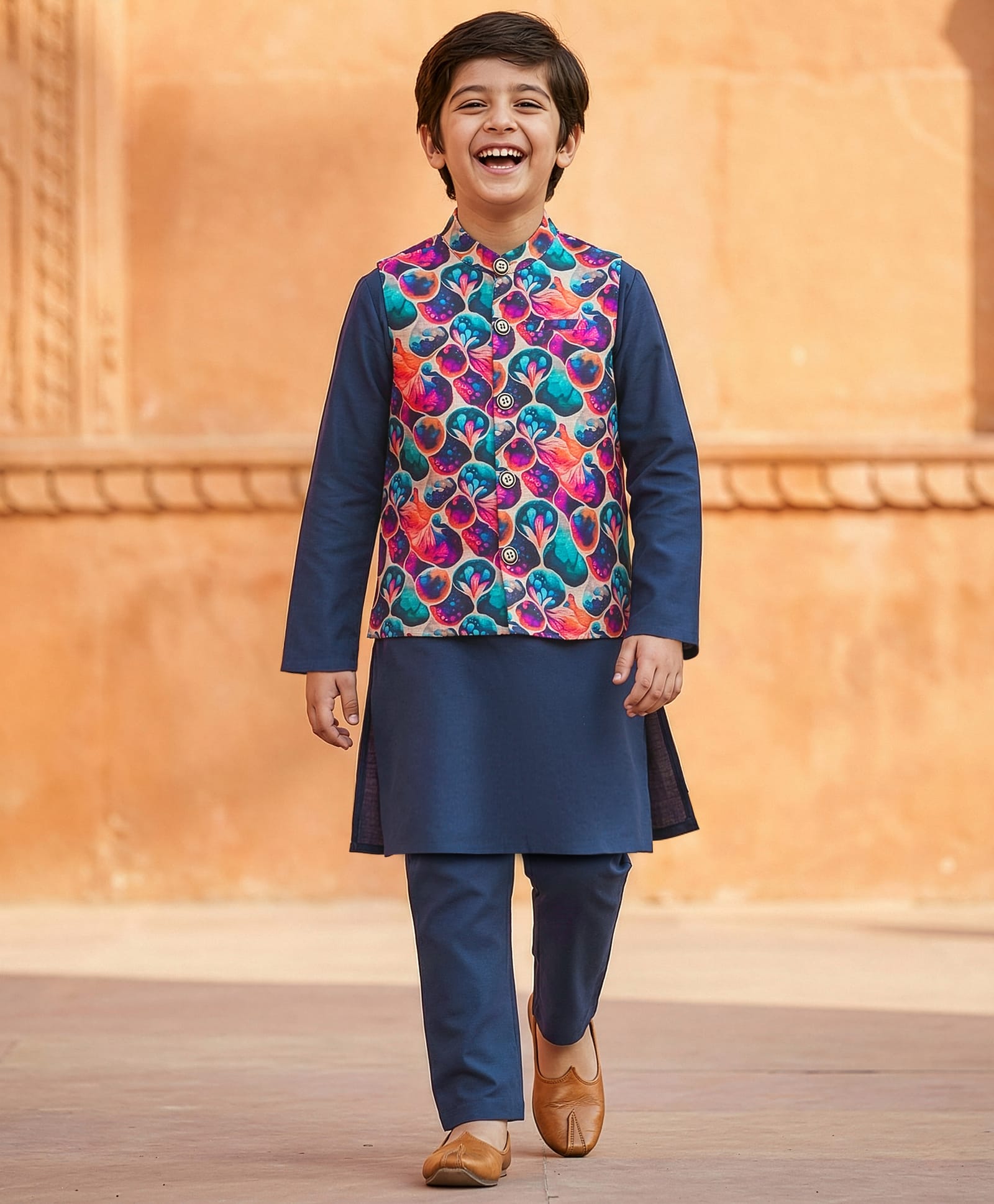 Pine Kids Woven Full Sleeves Kurta Pajama Set with Jacket & Floral Print - Navy Blue-image-35