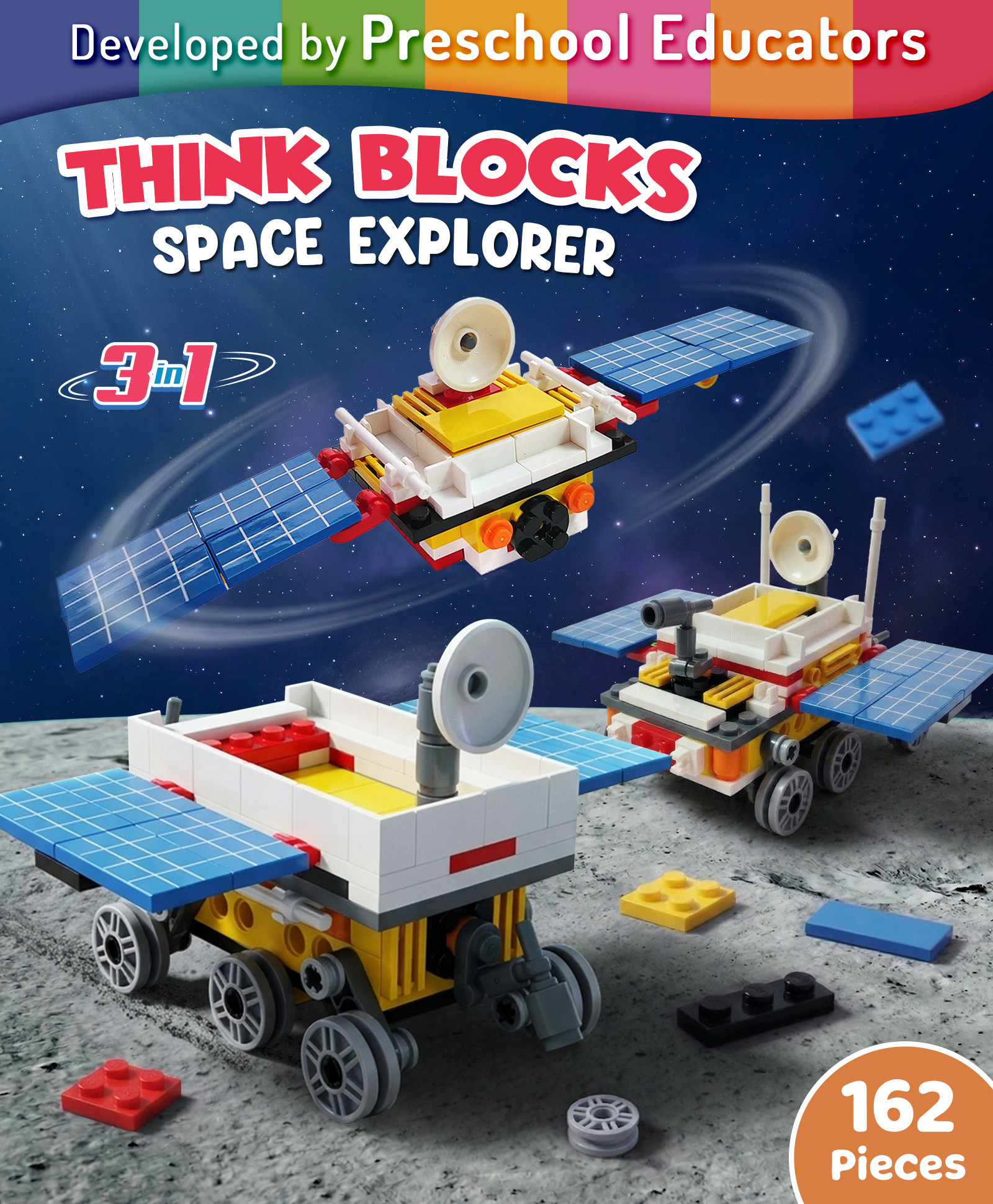 Intelliskills Think Blocks: 3-in-1 Space Explorer Craft, Moon Rover & Satellite | 155 Pieces -Multicoloured | STEM Construction & Building Set | Assemble & Play | BIS Certified | Educator Recommended-image-7
