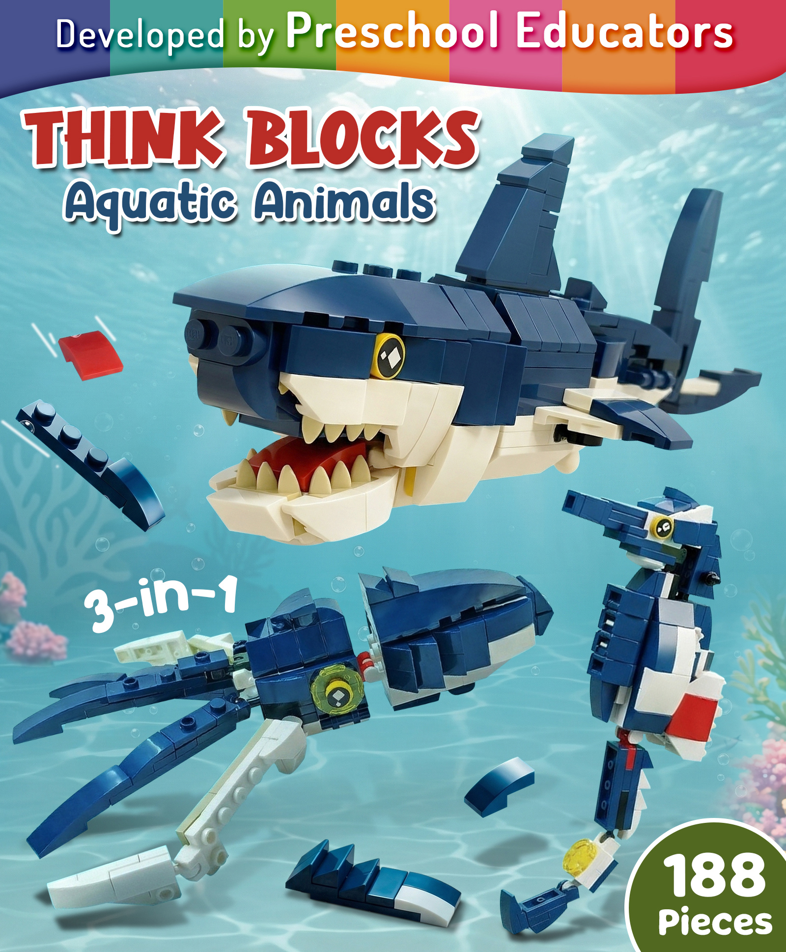 Intelliskills Think Blocks: 3-in-1 Aquatic Animals | Shark, Squid & Seahorse | 188 Pieces-Multicoloured | STEM Construction & Building Set | Assemble & Play | BIS Certified | Educator Recommended-image-45