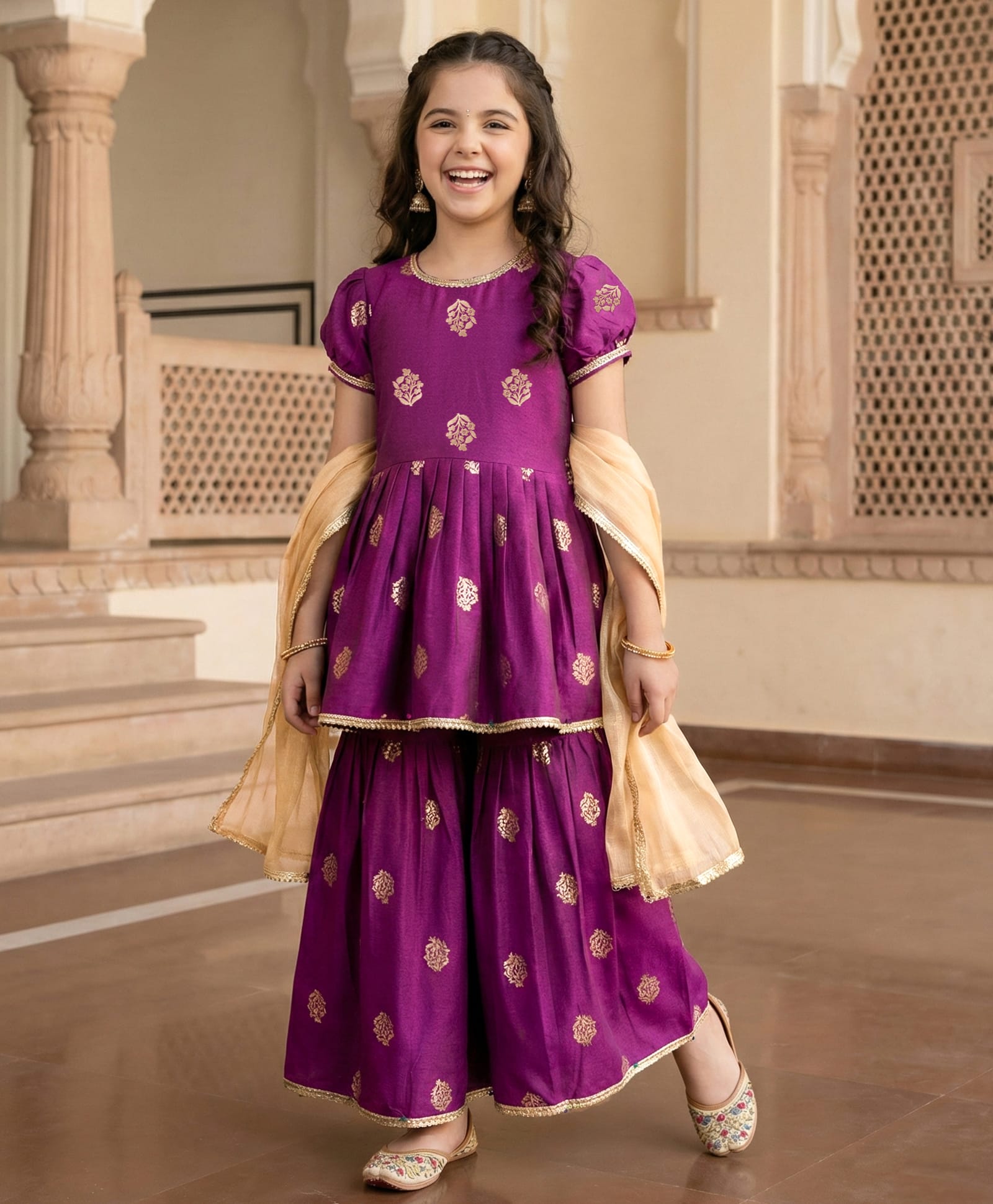 Pine Kids Woven Half Sleeves Floral Printed Kurti & Sharara Set With Dupatta - Violet-image-25