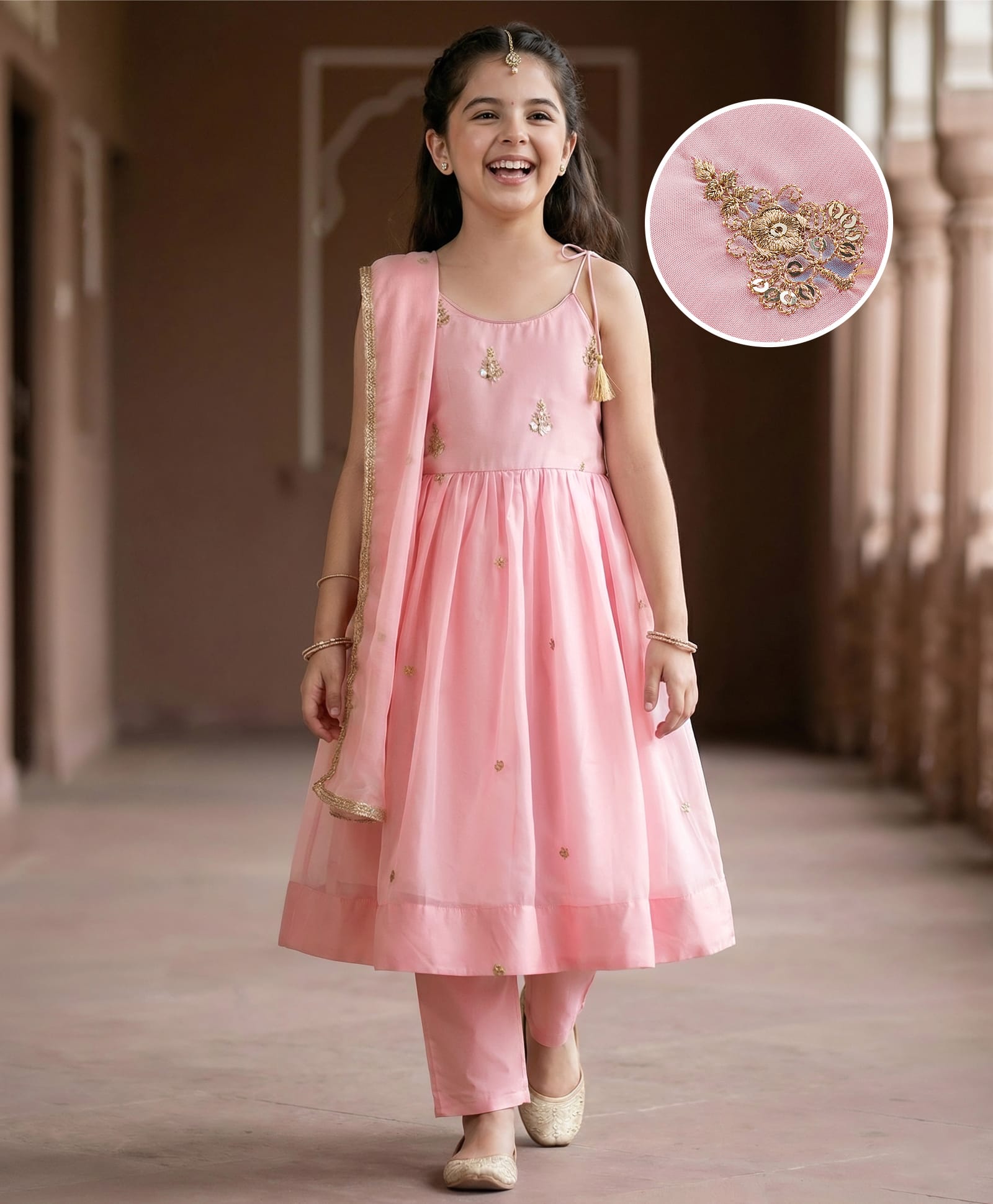 Pine Kids Woven Sleeveless Kurti Chudidar Set with Dupatta & Embroidery - Pink