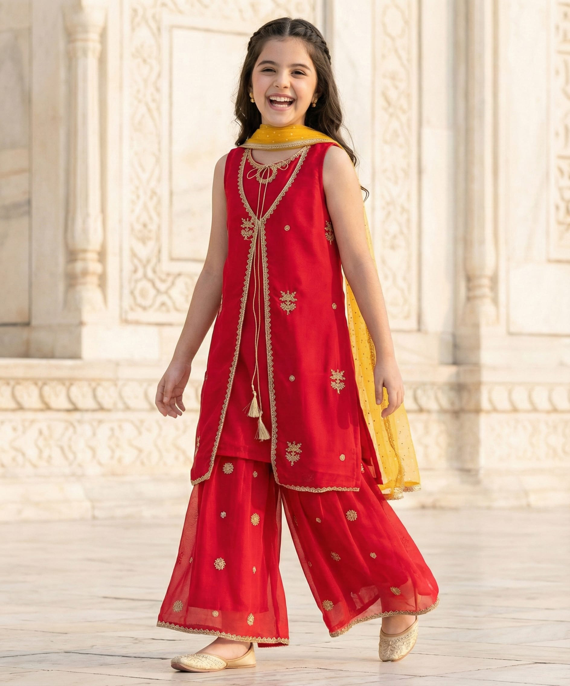 Pine Kids Woven Sleeveless Kurti Palazzo Set With Floral Embroidery & Dupatta - Red-image-31