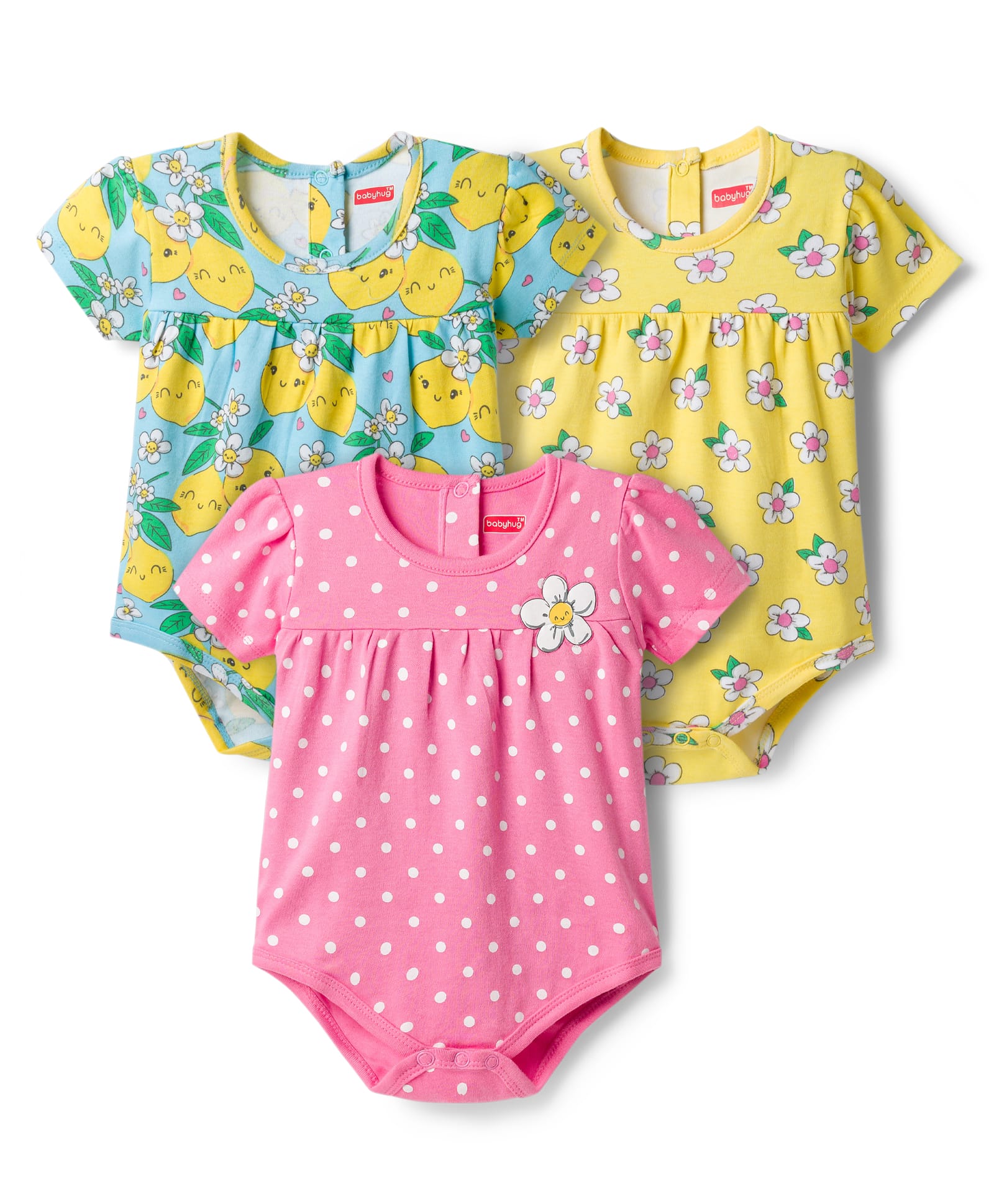 Babyhug 100% Cotton Knit Half Sleeves Onesies with Lemon Floral & Polka Dots Print Pack of 3 - Multicolor-image-1