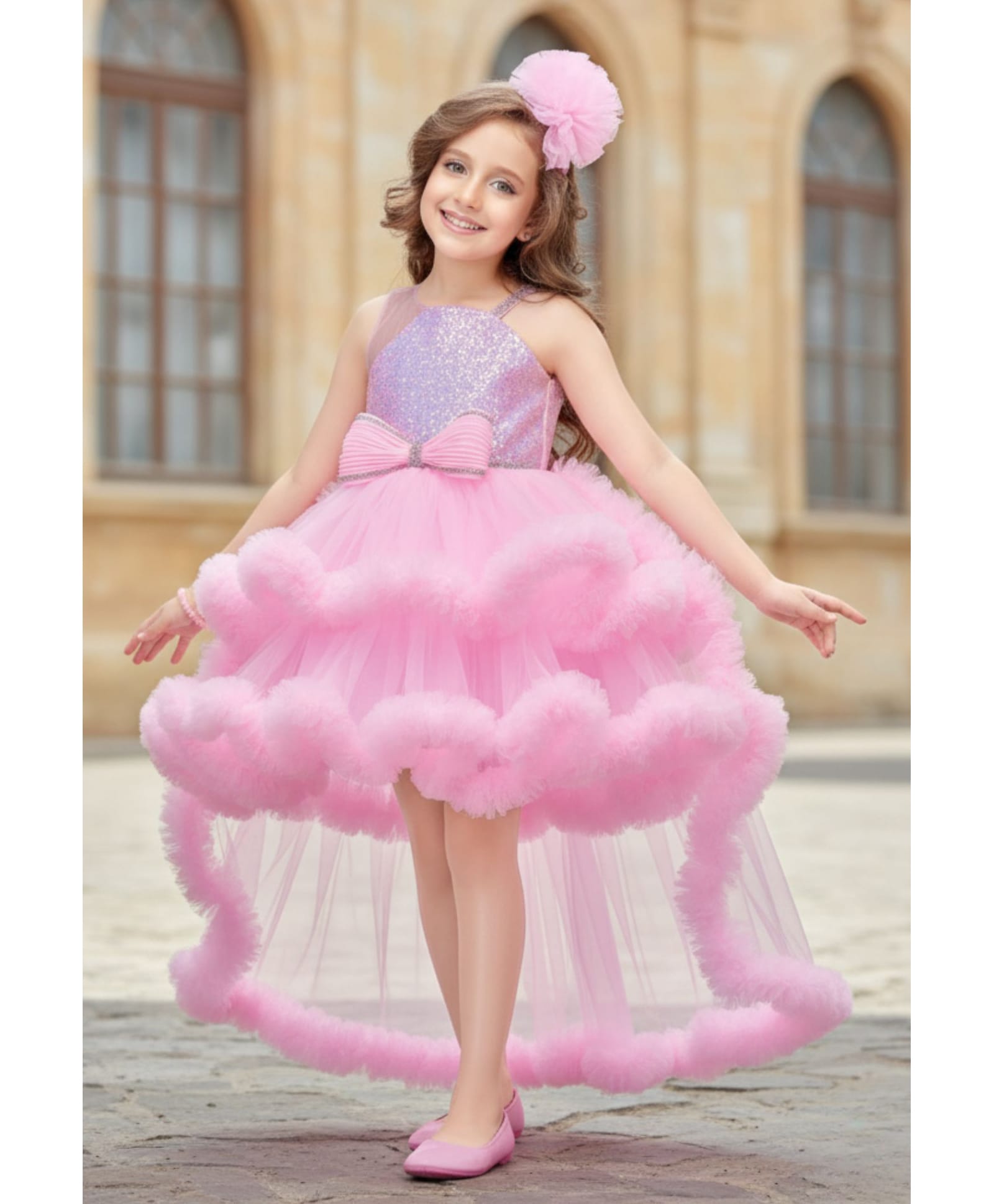 Lagorii Net Knit Sleeveless Glitter Embellished Bow Applique & Ruffle Detailed Tailback Dress - Pink