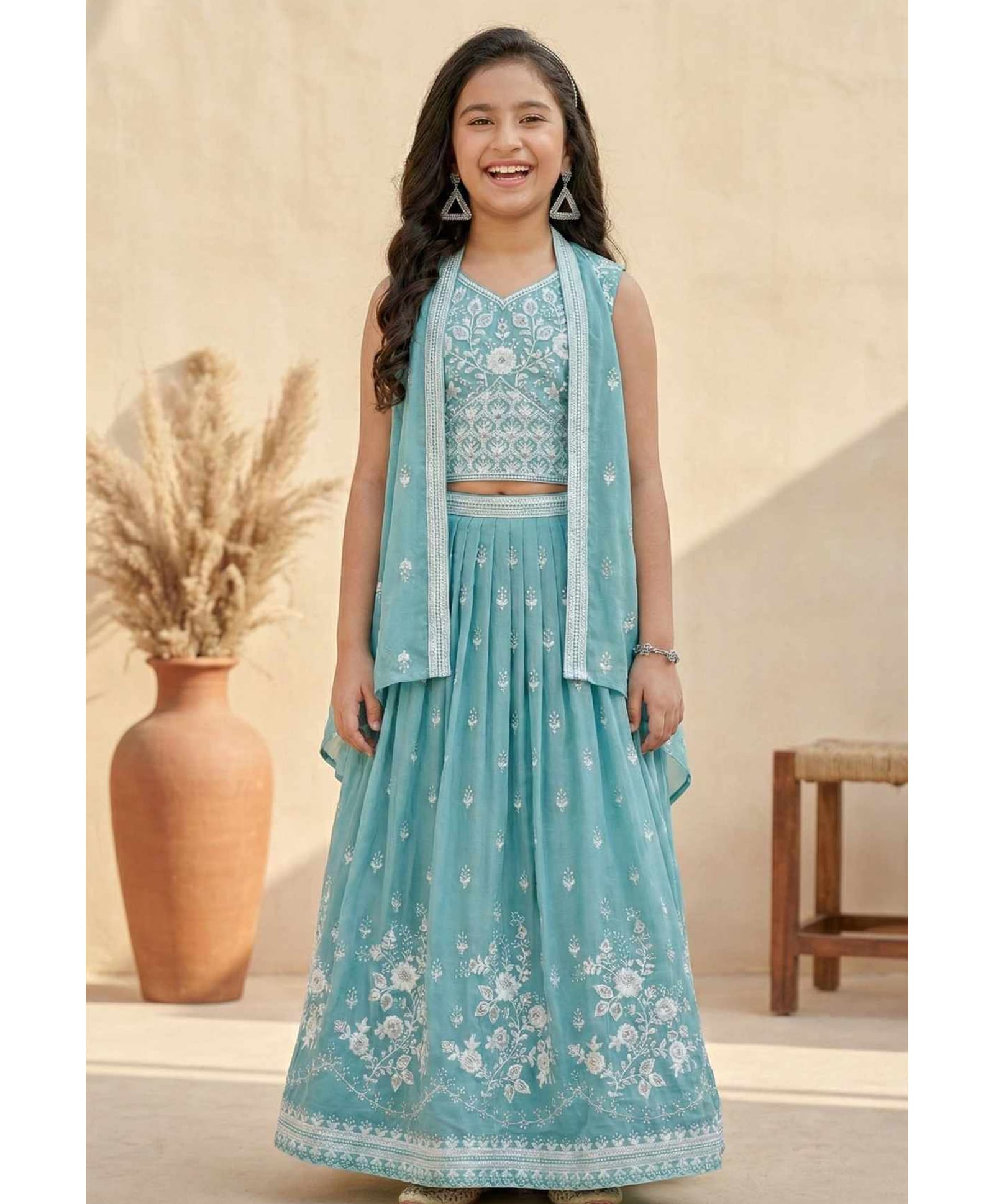 Lagorii Chiffon Woven Sleeveless Floral Embroidered Lehenga Choli With Jacket Set - Blue-picture-19