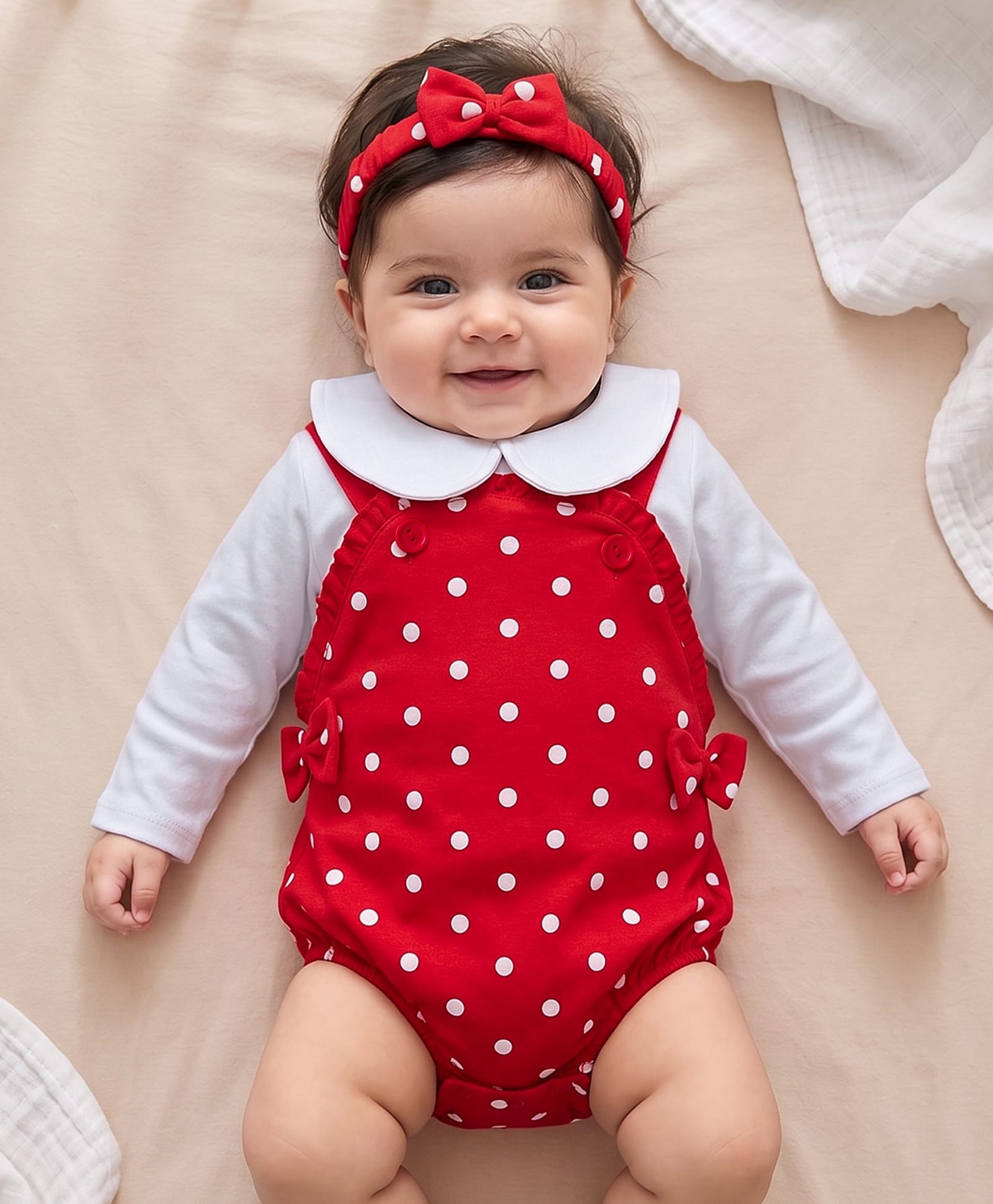 Babyhug 100% Cotton Knit Half Sleeves Onesie with Hairband & Polka Dot Print - Red-image-10