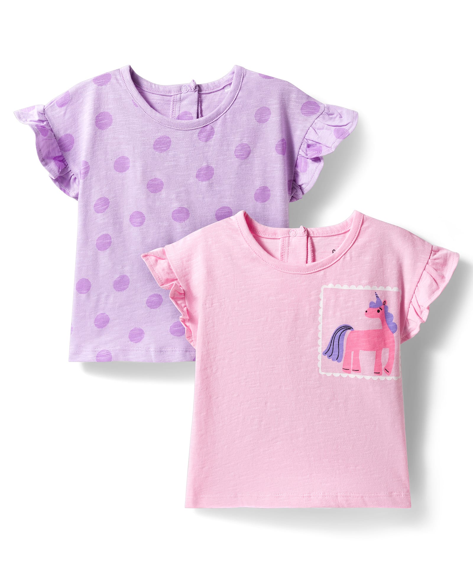 Bonfino 100% Cotton Knit Half Frill Sleeves T-Shirts with Polka Dot & Unicorn Print Pack of 2 - Pink & Lavender-picture-17