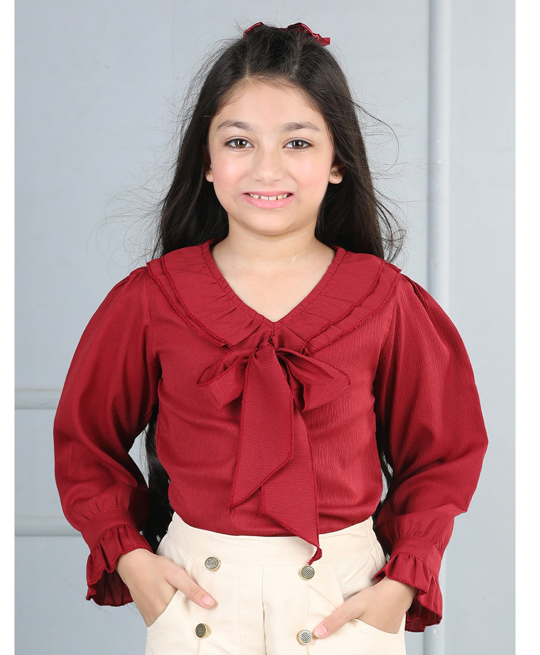 Cutiekins Woven Full Peasant Sleeves Bow Applique Detailed Top - Maroon-image-25
