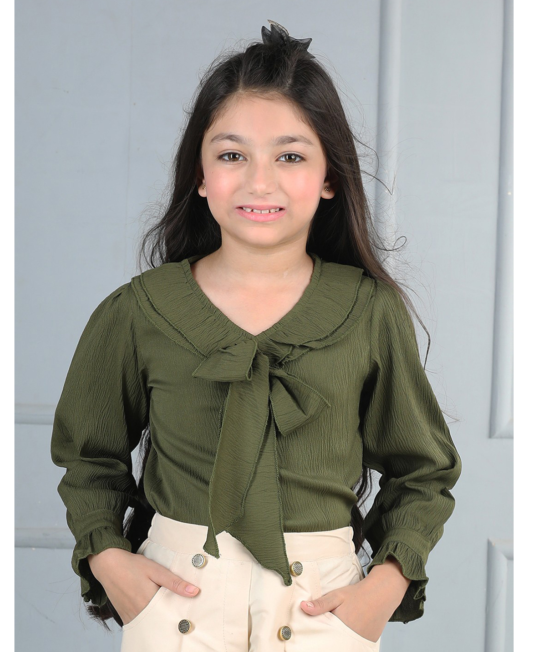 Cutiekins Woven Full Peasant Sleeves Bow Applique Detailed Top - Olive Green-picture-16