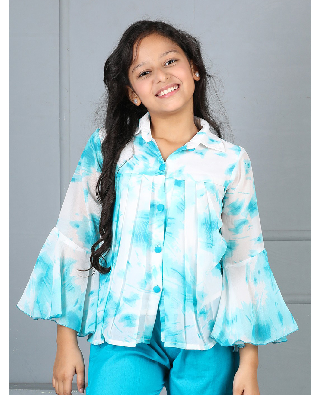Cutiekins Woven Full Sleeves Tie & Dye Printed Top - Off White & Turquoise Blue-picture-14