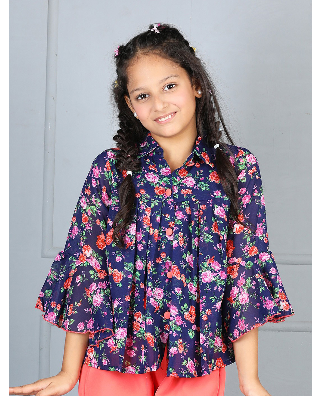 Cutiekins Woven Three Fourth Sleeves Floral Printed Top - Dark Blue & Pink-image-1