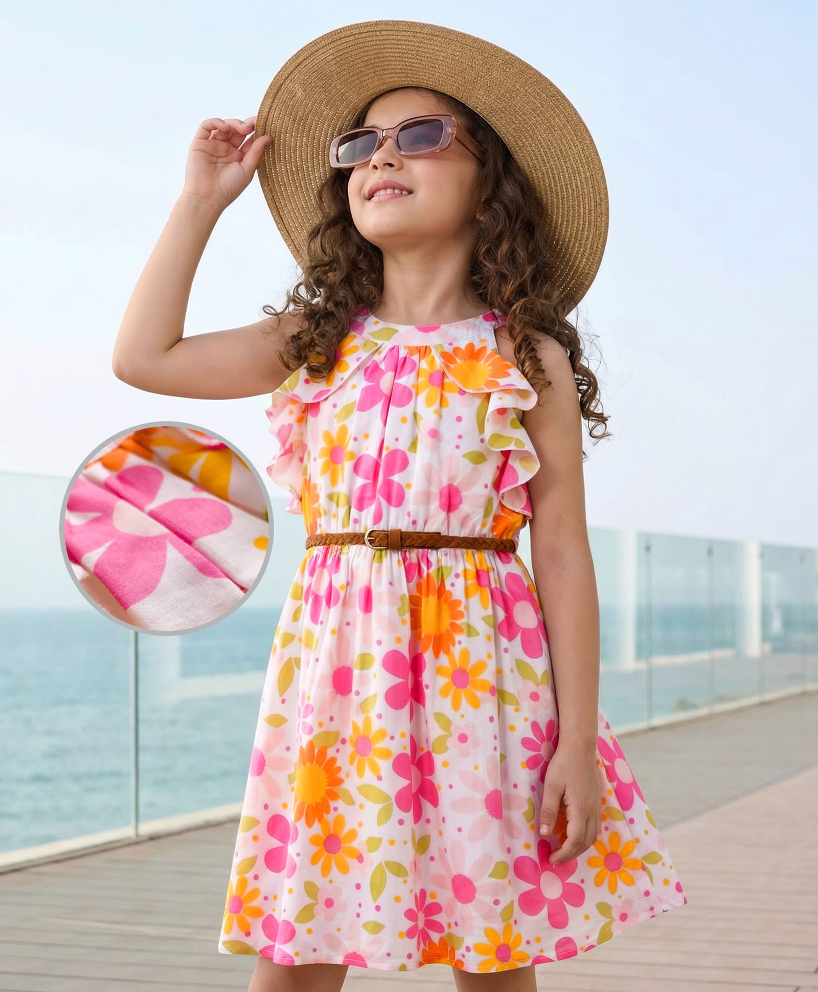 Hola Bonita Cotton Woven Sleeveless Floral Printed Dress with Belt - Multicolor-image-3