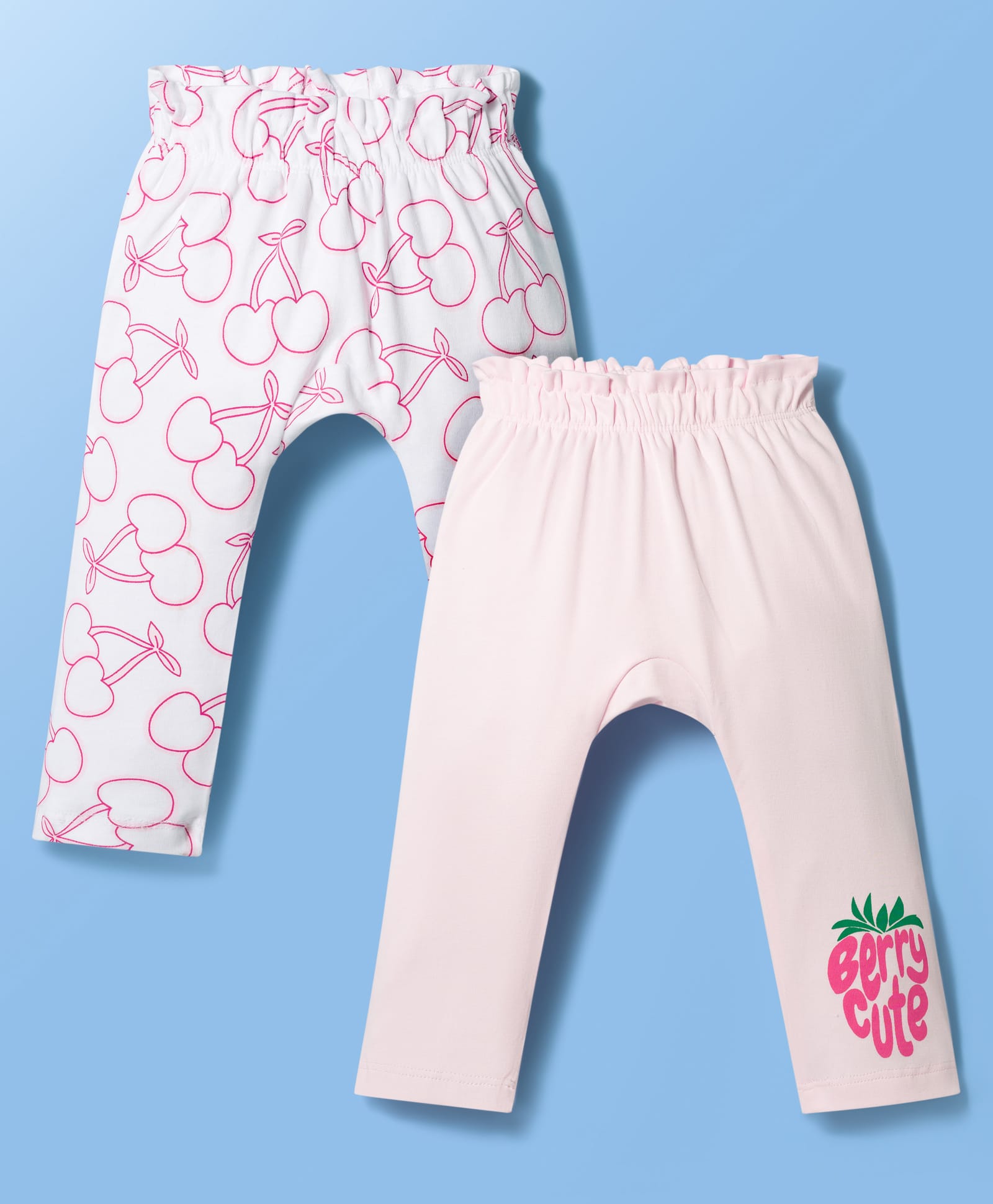 Doodle Poodle Cotton Knit Full Length Cherry Printed Diaper Leggings Pack of 2 - White & Pink-image-45