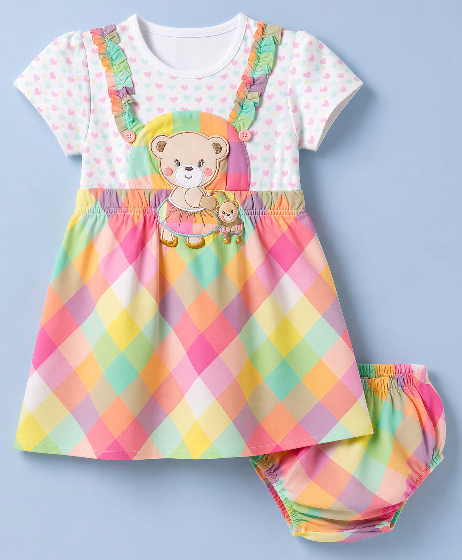 ToffyHouse Cotton Woven Printed & Teddy Bear Embroidered Frock With Bloomer - White & Peach-image-27