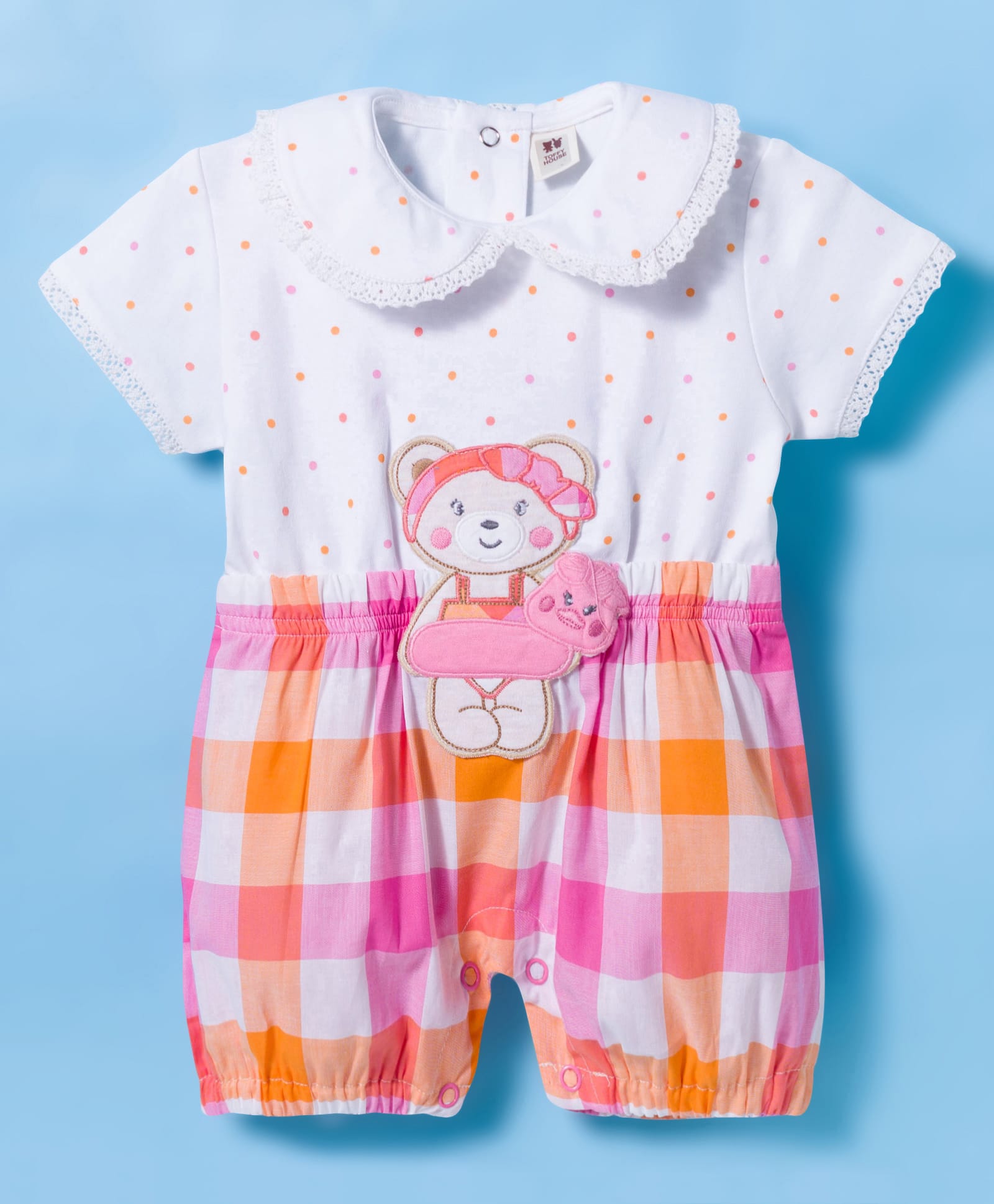ToffyHouse Cotton Woven Half Sleeves Rompers with Check Design Polka Dot Print & Animal Embroidery - Multicolor-image-8