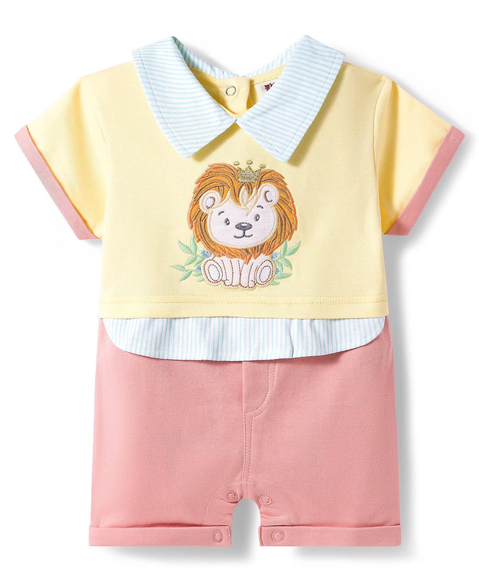 ToffyHouse Cotton Woven Half Sleeves Romper with Lion Embroidery - Lemon & Pink-image-4