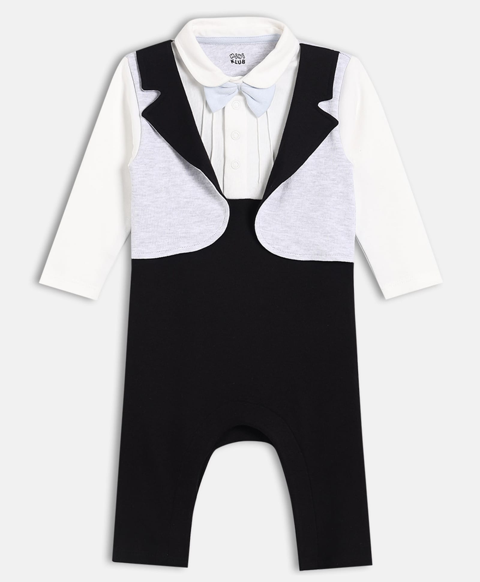 MINI KLUB Cotton Knit Full Sleeves Bow Embellished Solid Romper - White & Black-image-36