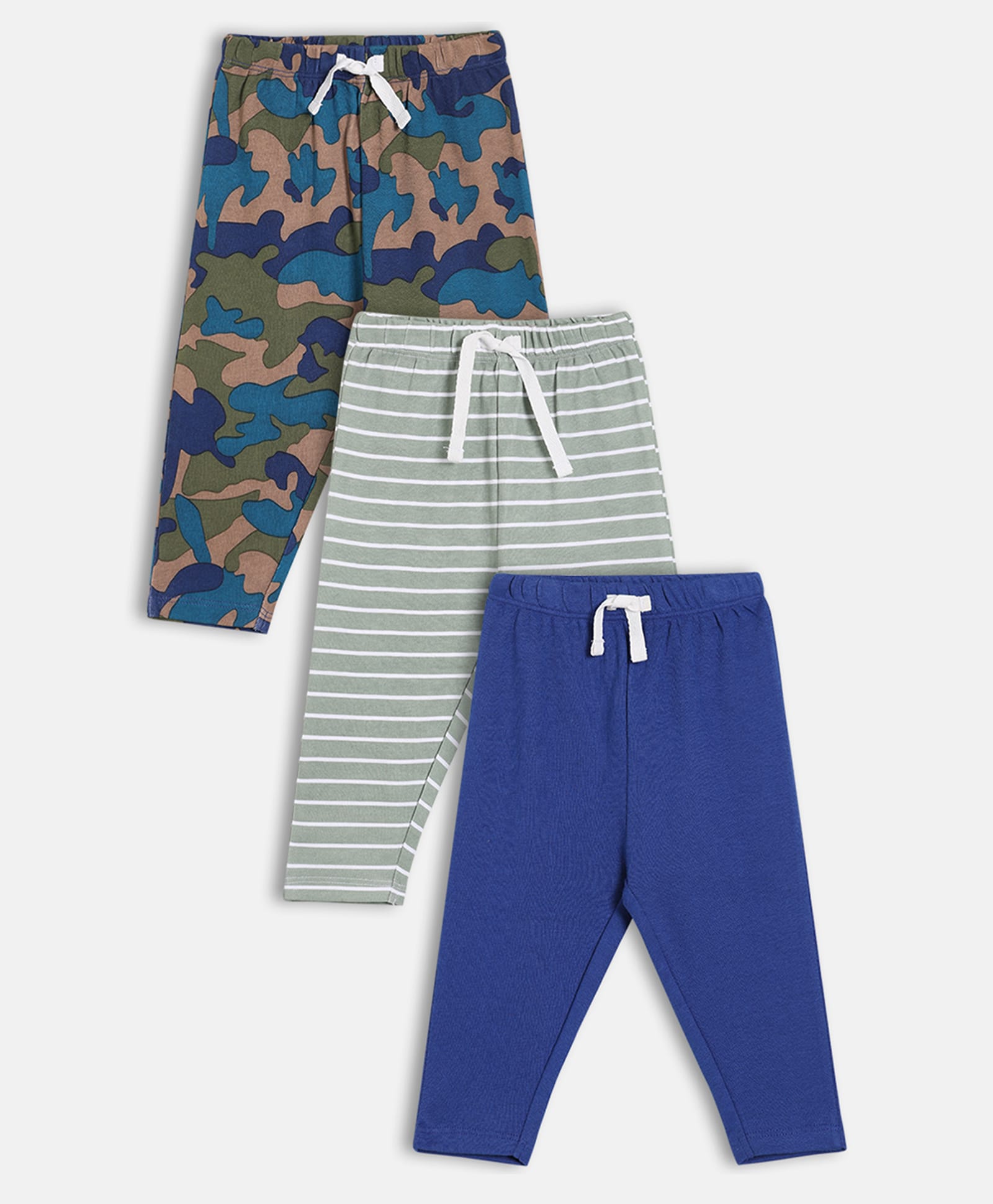 MINI KLUB Cotton Knit Pack Of 3 Solid & Striped Pajamas - Navy Blue & Grey-image-20