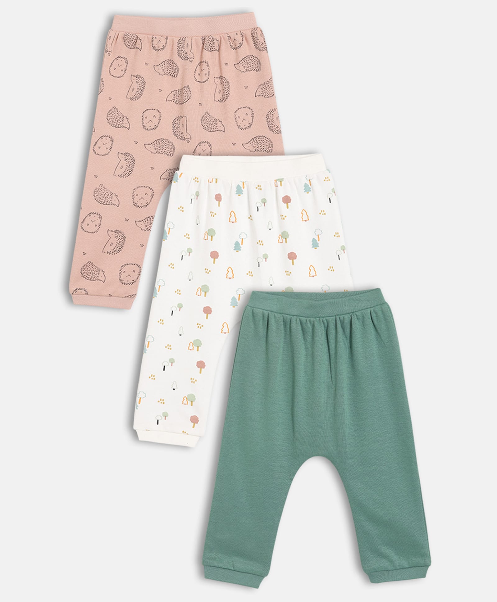 MINI KLUB Cotton Knit Pack Of 3 Trees & Hedgehog Printed Pajamas - White Green & Brown-image-22