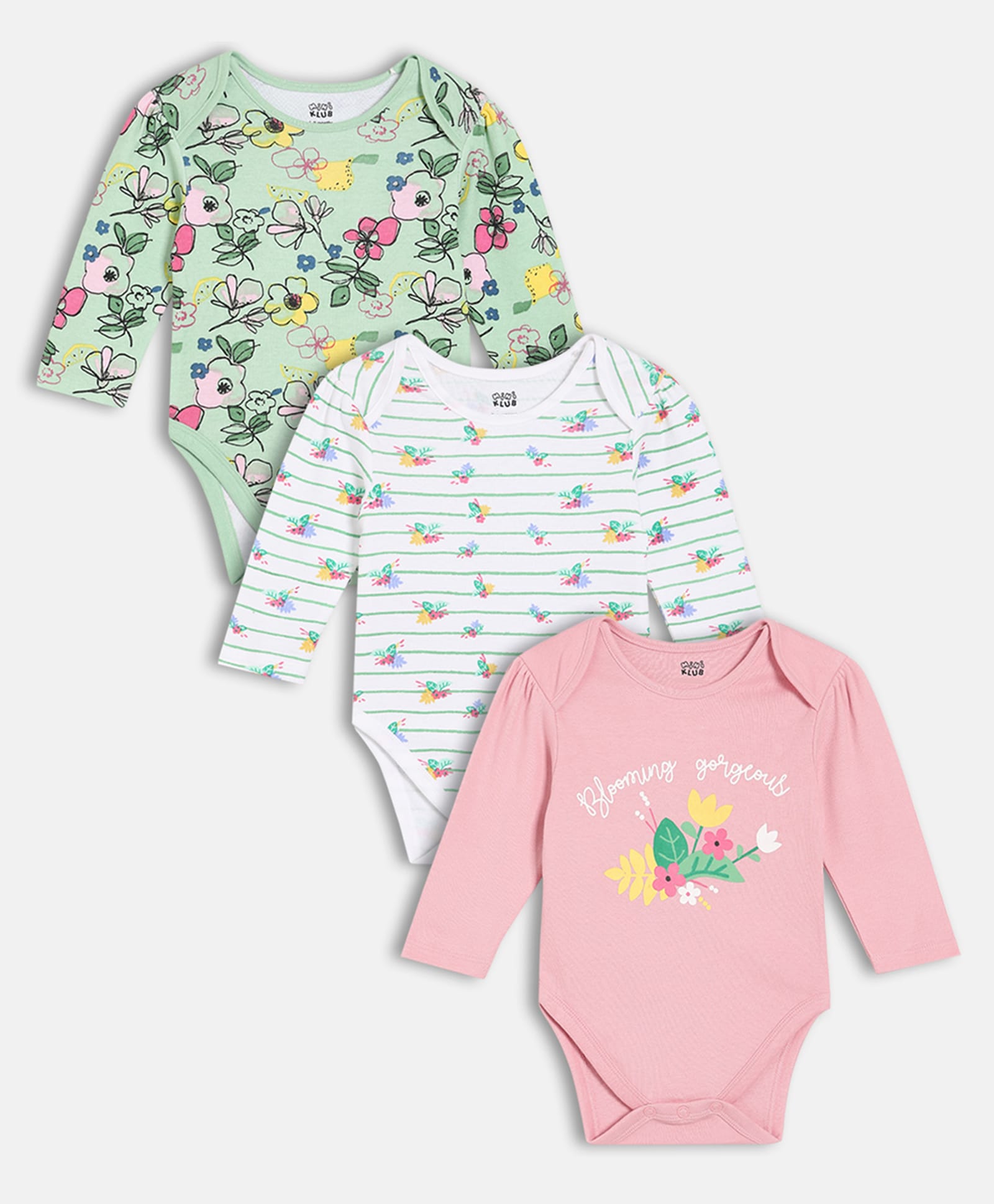 MINI KLUB Cotton Knit Pack Of 3 Full Sleeves Floral Printed Onesies - White Pink & Green-picture-39