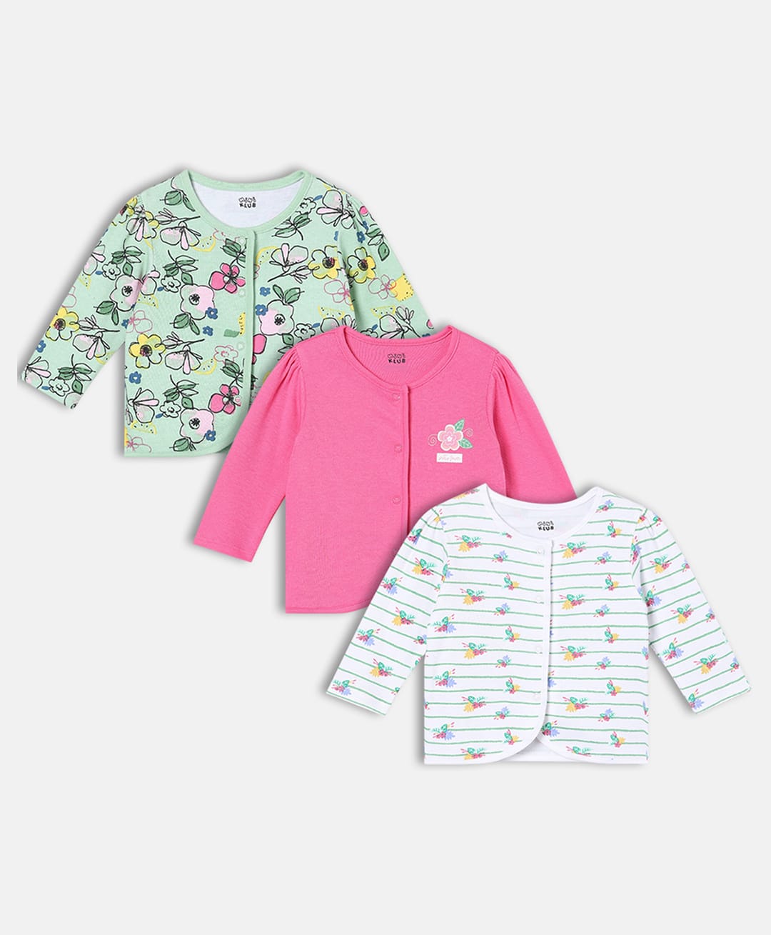 MINI KLUB Cotton Knit Pack Of 3 Full Sleeves Solid & Floral Printed Vests - Green White & Pink-picture-40