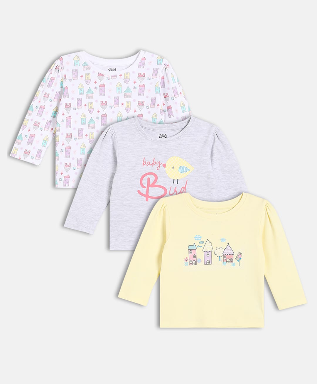 MINI KLUB Cotton Knit Pack Of 3 Full Sleeves Buildings & Text Printed Tops - Yellow White & Grey-picture-37