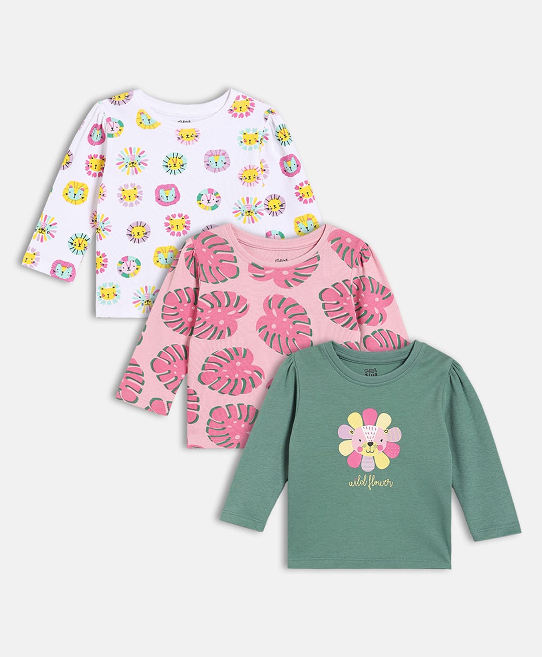 MINI KLUB Cotton Knit Pack Of 3 Full Sleeves Floral & Animal Printed Tops - White Green & Pink-picture-31