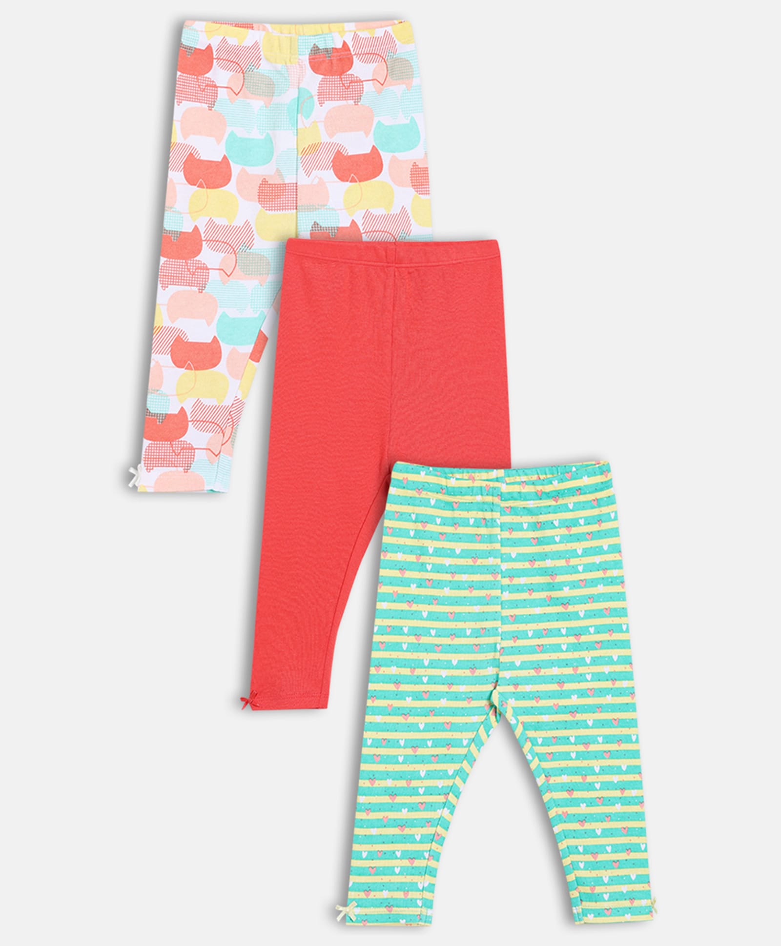 MINI KLUB Cotton Knit Pack Of 3 Solid & Hearts Printed Leggings - White Red & Blue-image-23