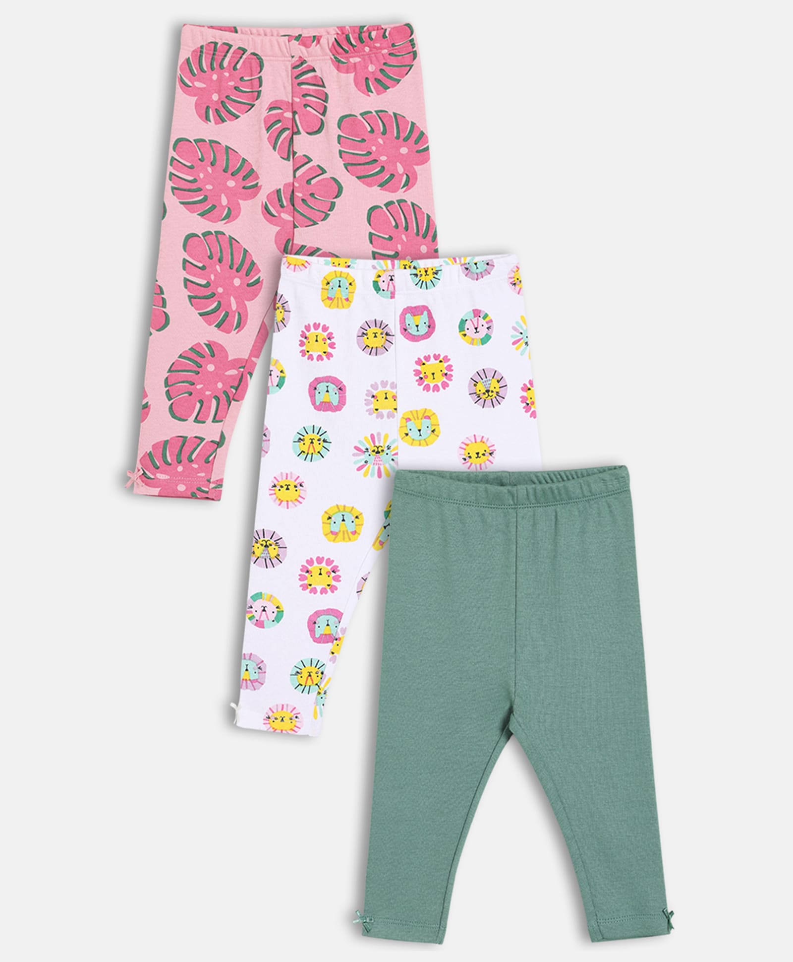MINI KLUB Cotton Knit Pack Of 3 Floral & Animal Printed Leggings - White Green & Pink-picture-22