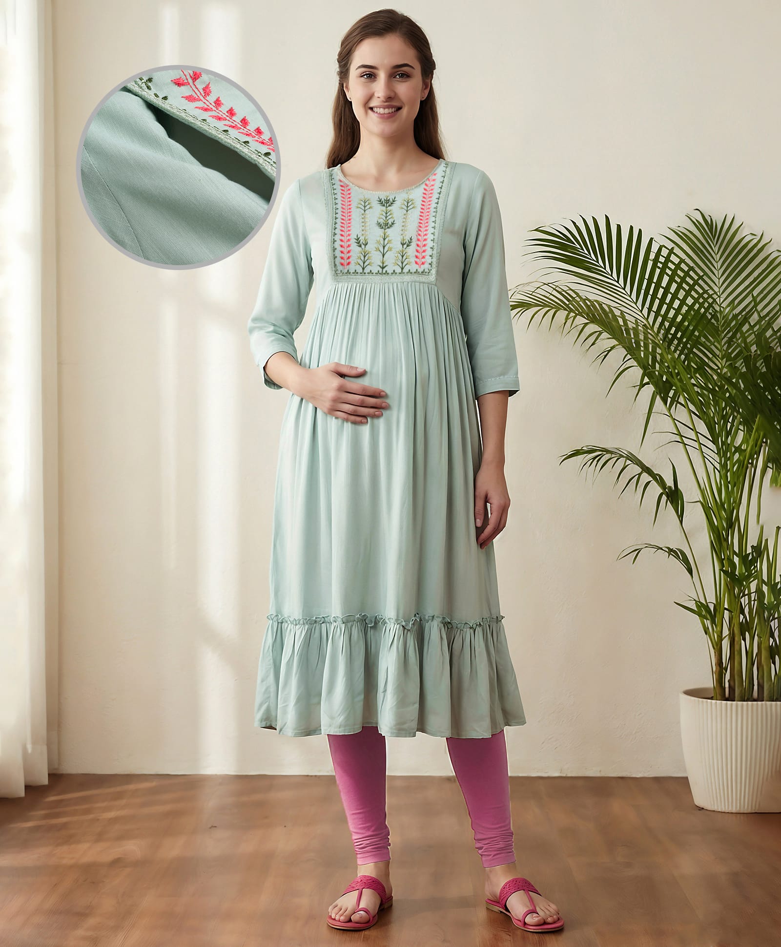 Bella Mama Woven Three Fourth Sleeves Maternity Kurta With Floral Embroidered Yoke - Green-image-47