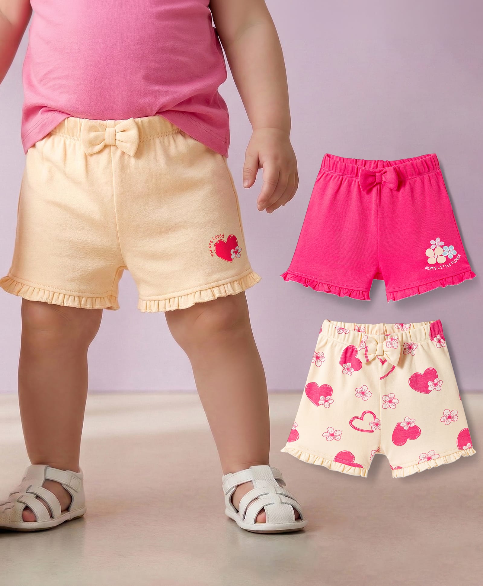 Babyoye Eco Conscious 100% Cotton Knit Floral & Hearts Printed Shorts With Eco Jiva Finish Bow Applique Pack Of 3 - Multicolour-picture-27