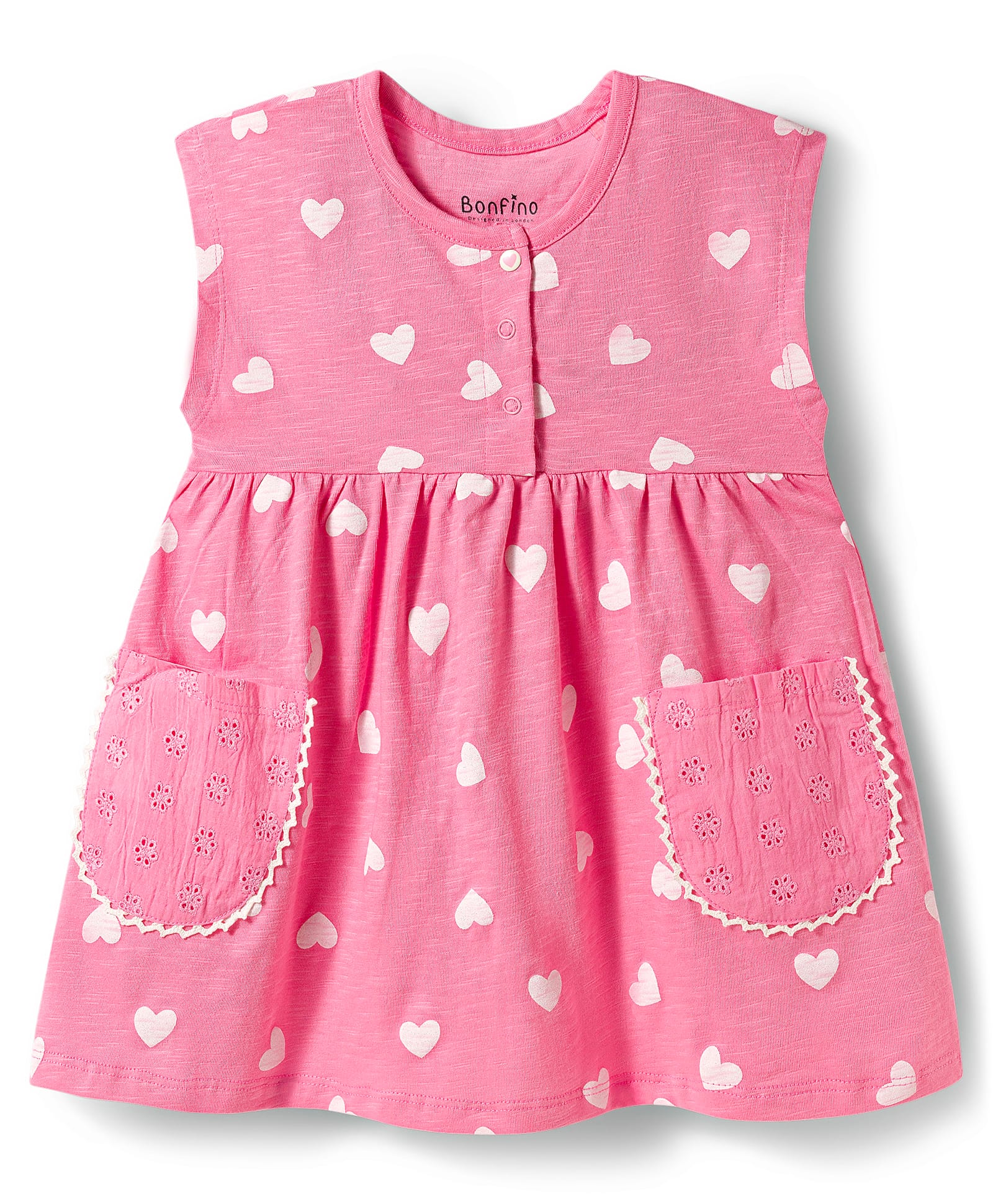 Bonfino 100% Cotton Knit Sleeveless Frock With Heart Print & Pockets - Pink